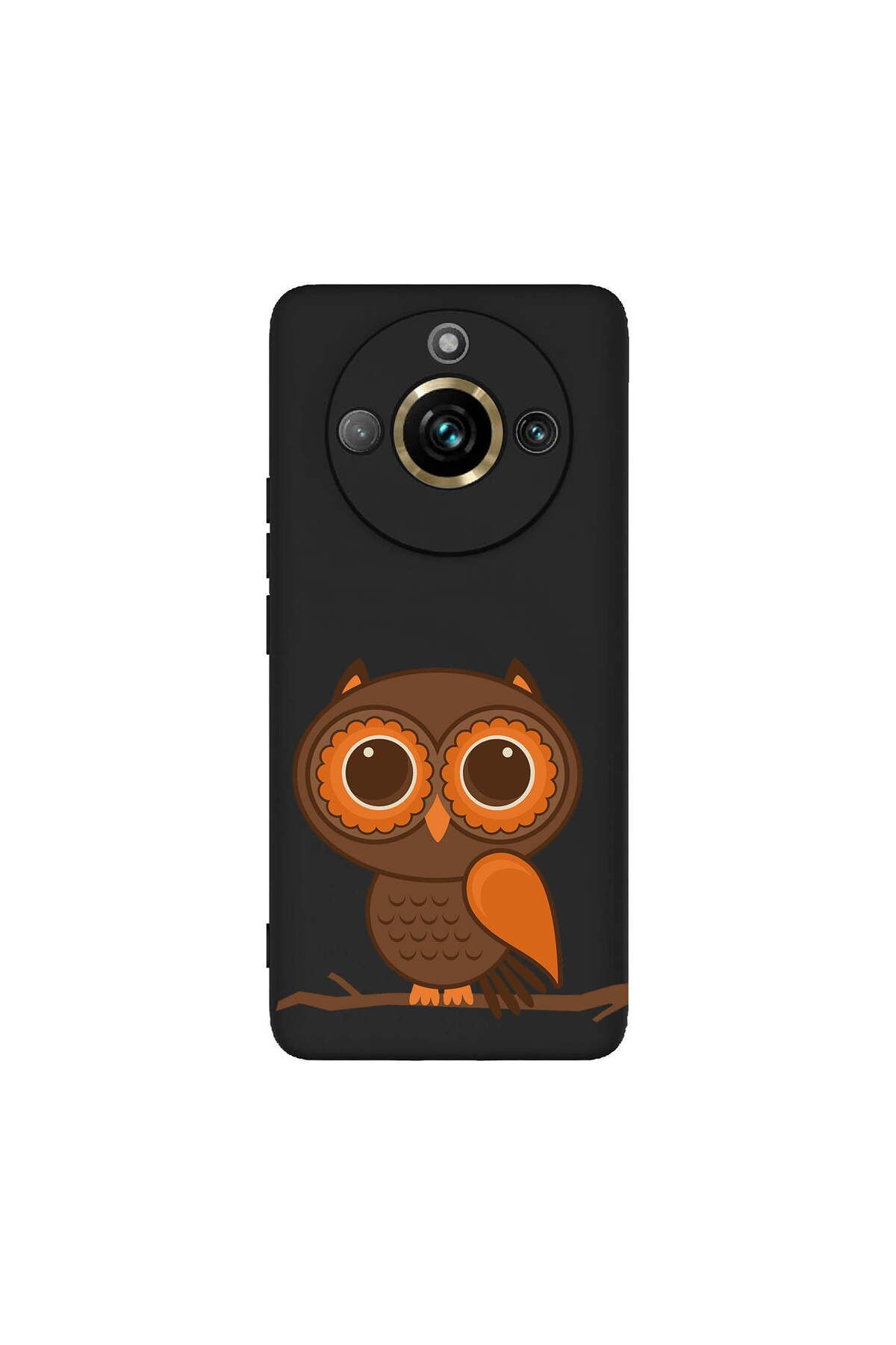 PrintiFy Realme 11 Pro Plus ile Uyumlu Baykuş (0214a) Tasarımlı Siyah Lansman Silikon Kılıf