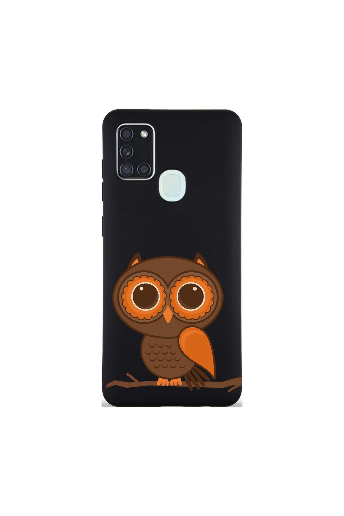 PrintiFy Samsung Galaxy A21S ile Uyumlu Baykuş (0214a) Tasarımlı Siyah Lansman Silikon Kılıf