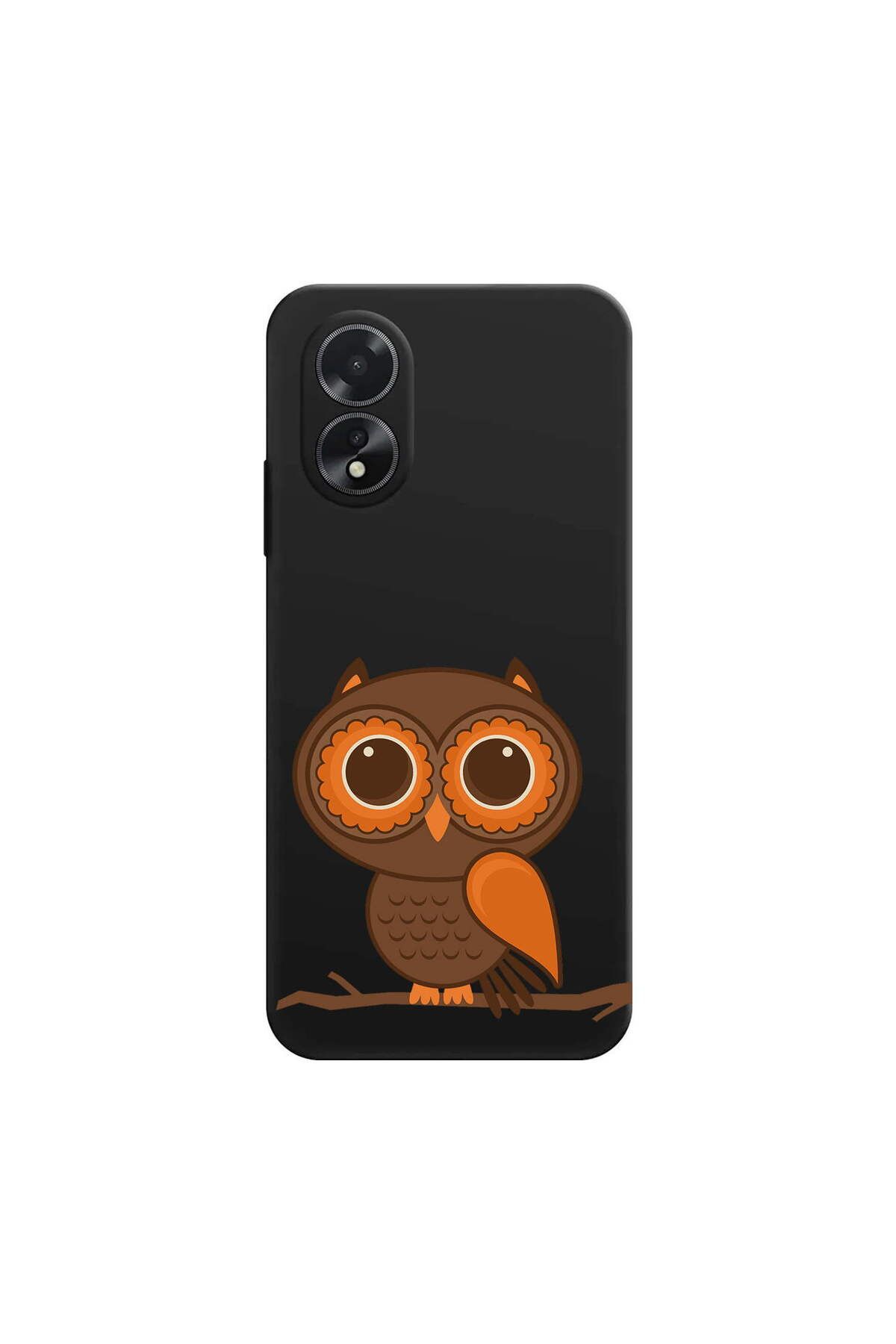 PrintiFy Oppo A18 ile Uyumlu Baykuş (0214a) Tasarımlı Siyah Lansman Silikon Kılıf