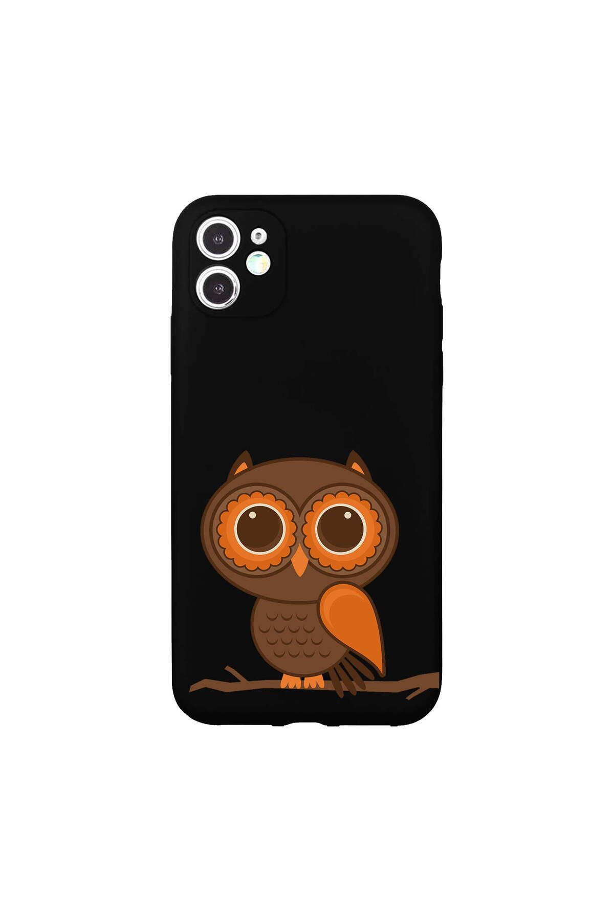 PrintiFy iPhone 11 ile Uyumlu Baykuş (0214a) Tasarımlı Siyah Lansman Silikon Kılıf