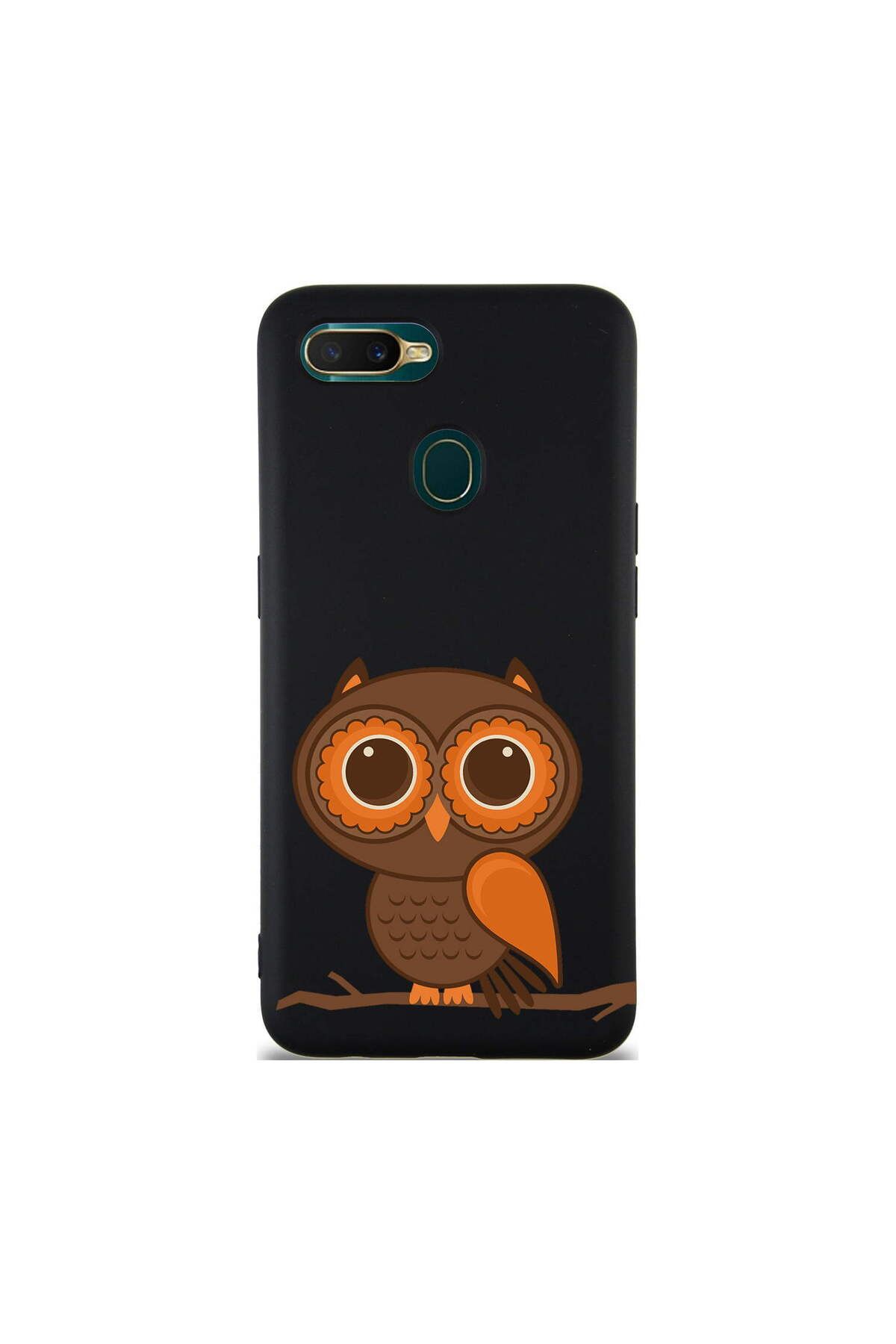 PrintiFy Oppo A12 ile Uyumlu Baykuş (0214a) Tasarımlı Siyah Lansman Silikon Kılıf