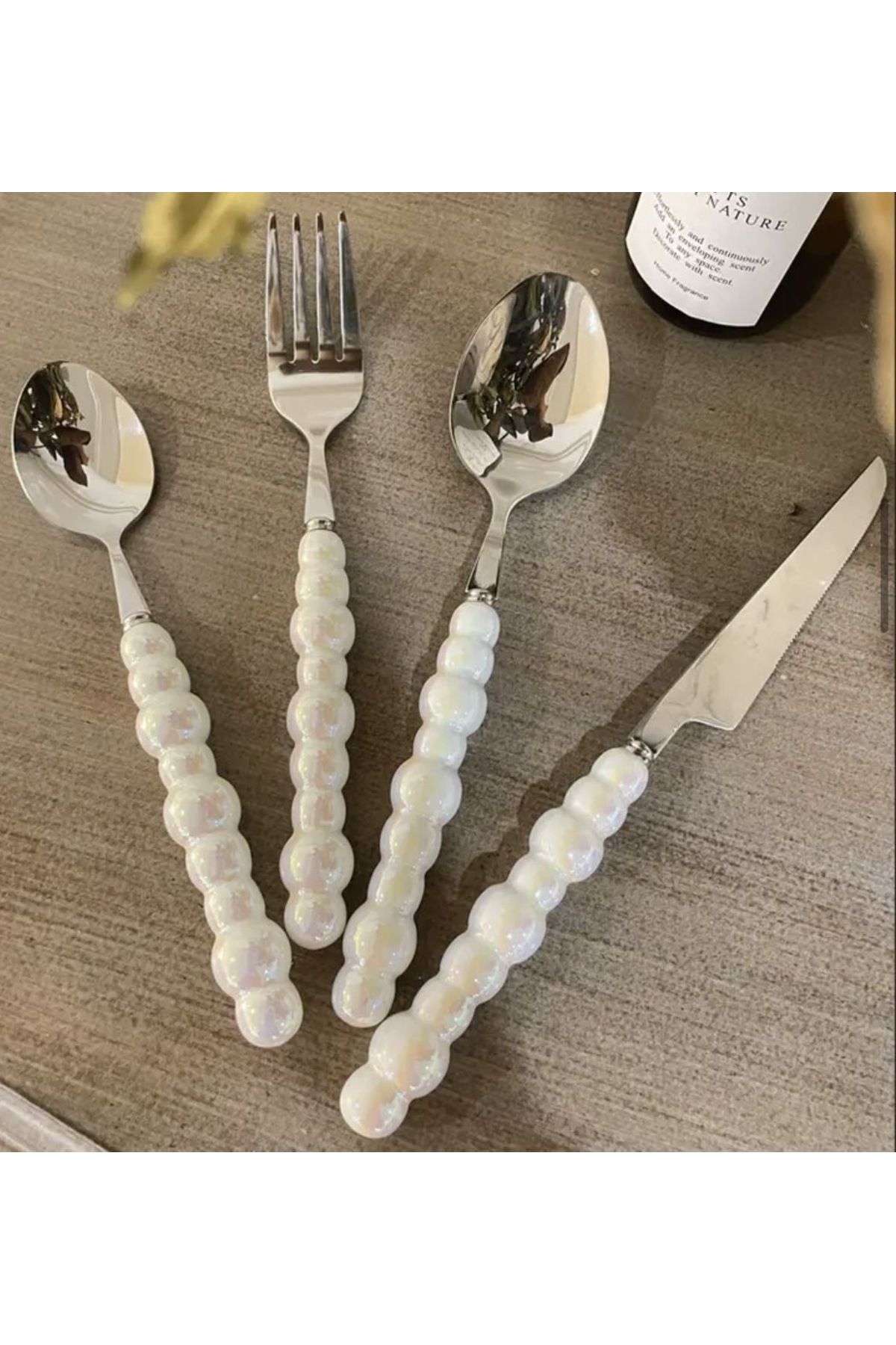 ema 6 adet Pinterest Beyaz İnci Taş Detaylı Yemek Kaşığı ve Yemek Çatal takımı