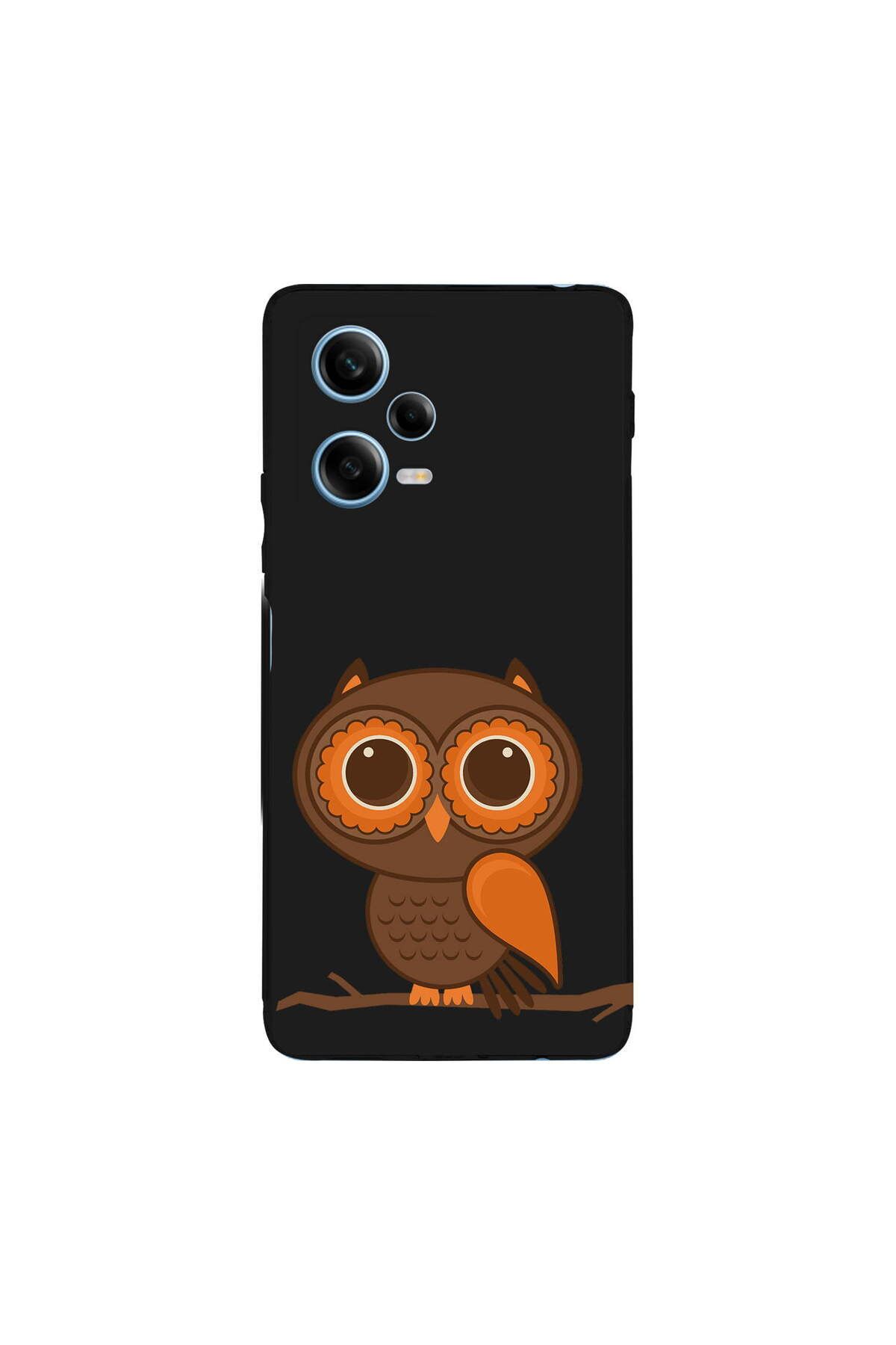 PrintiFy Xiaomi Redmi Note 12 Pro 5G ile Uyumlu Baykuş (0214a) Tasarımlı Siyah Lansman Silikon Kılıf