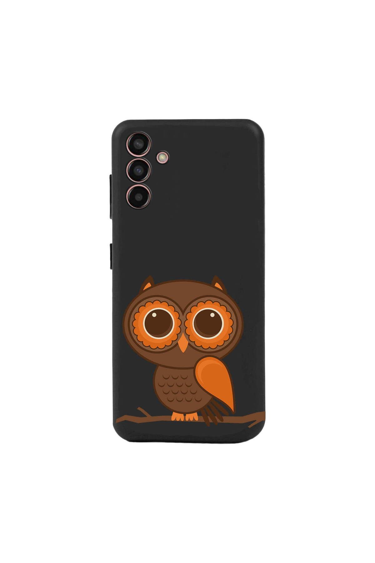 PrintiFy Samsung Galaxy M13 ile Uyumlu Baykuş (0214a) Tasarımlı Siyah Lansman Silikon Kılıf