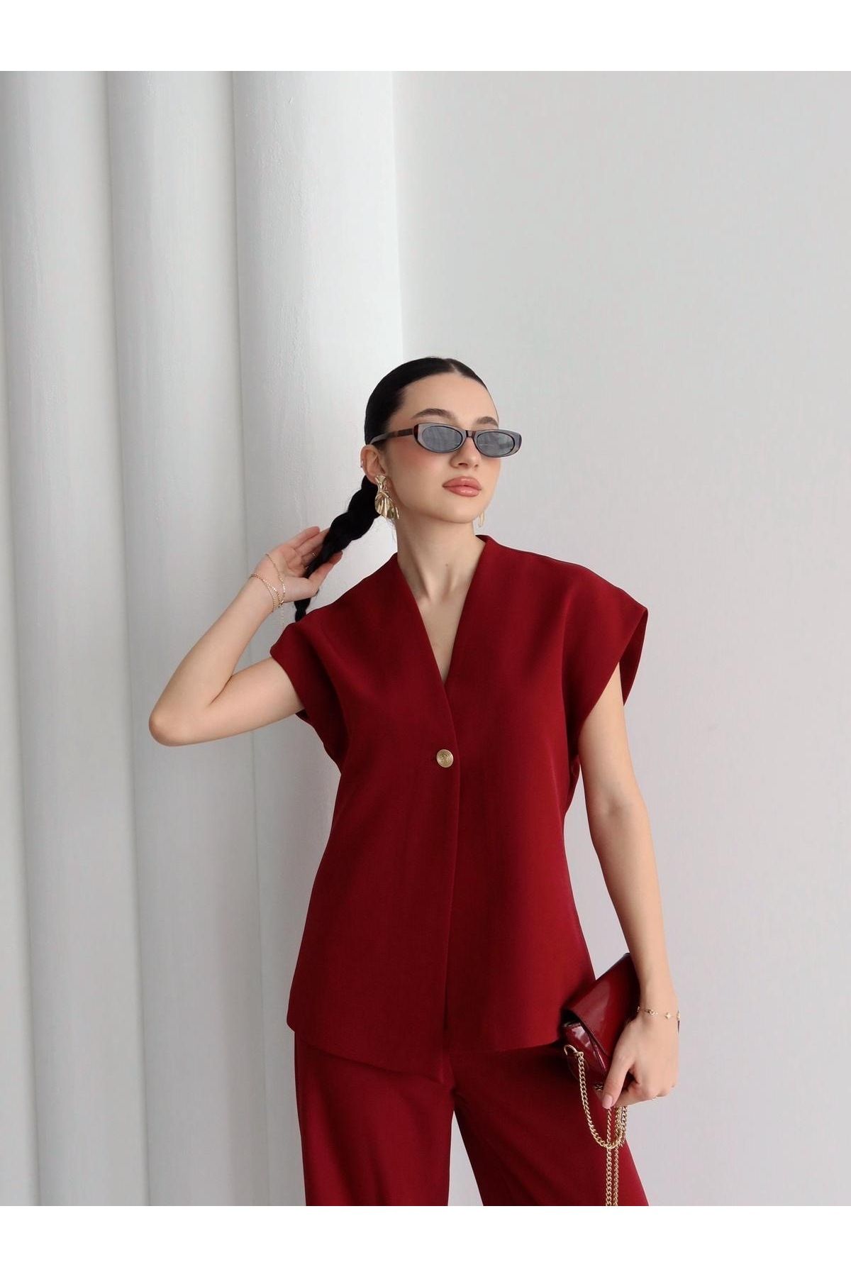 Ekim Store Gold Düğmeli Yelek Pantolon İkili Blazer Takım