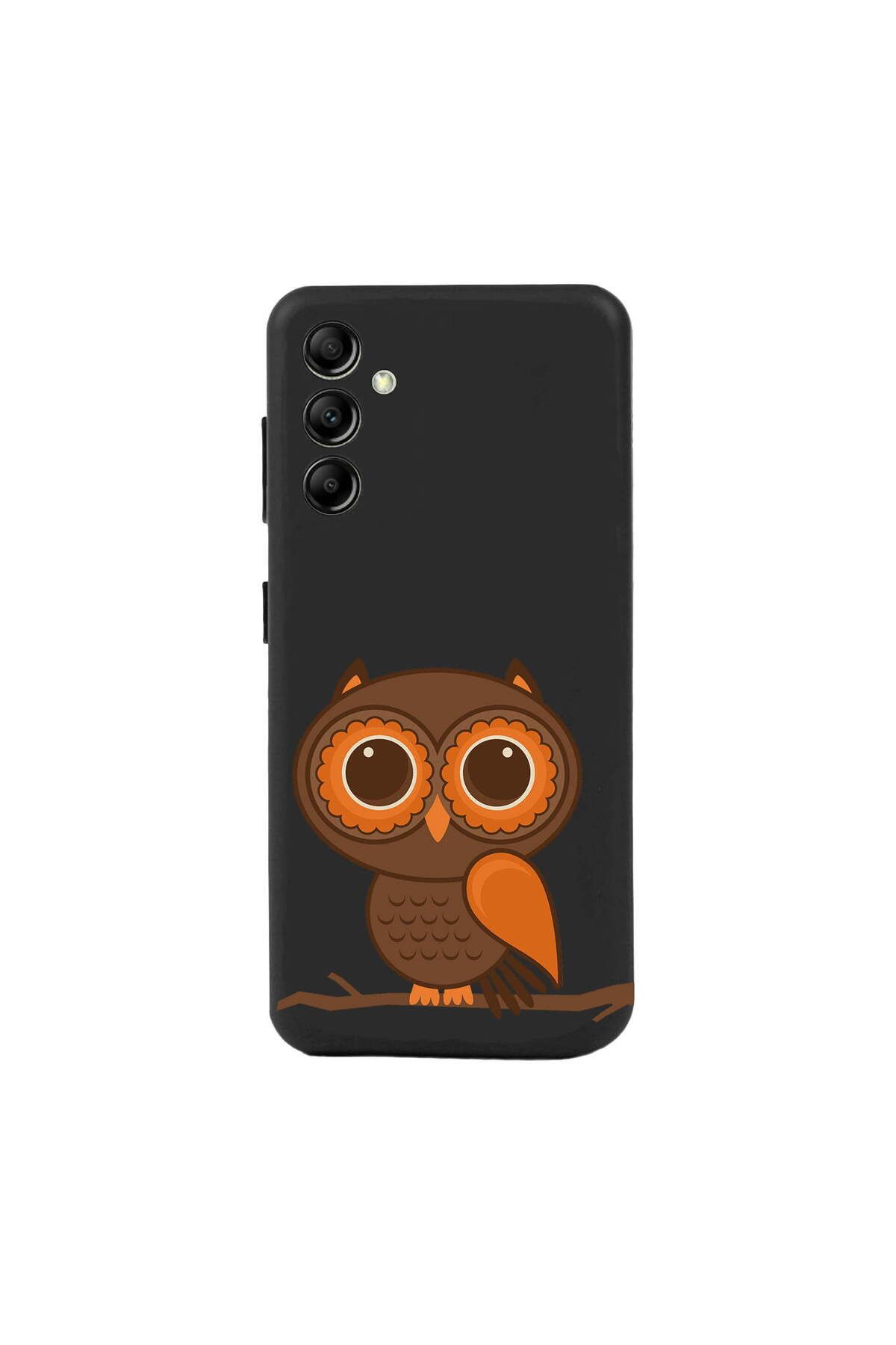 PrintiFy Samsung Galaxy A14 ile Uyumlu Baykuş (0214a) Tasarımlı Siyah Lansman Silikon Kılıf