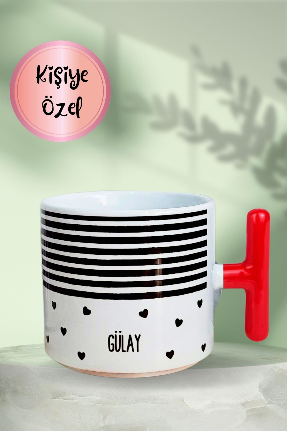Burak Baskı Tasarım Kişiye Özel Siyah Çizgi ve Kalpli T-Kulp Anneler Günü-Doğum Sevgililer Günü Hediye Kupa Bardak,Mug