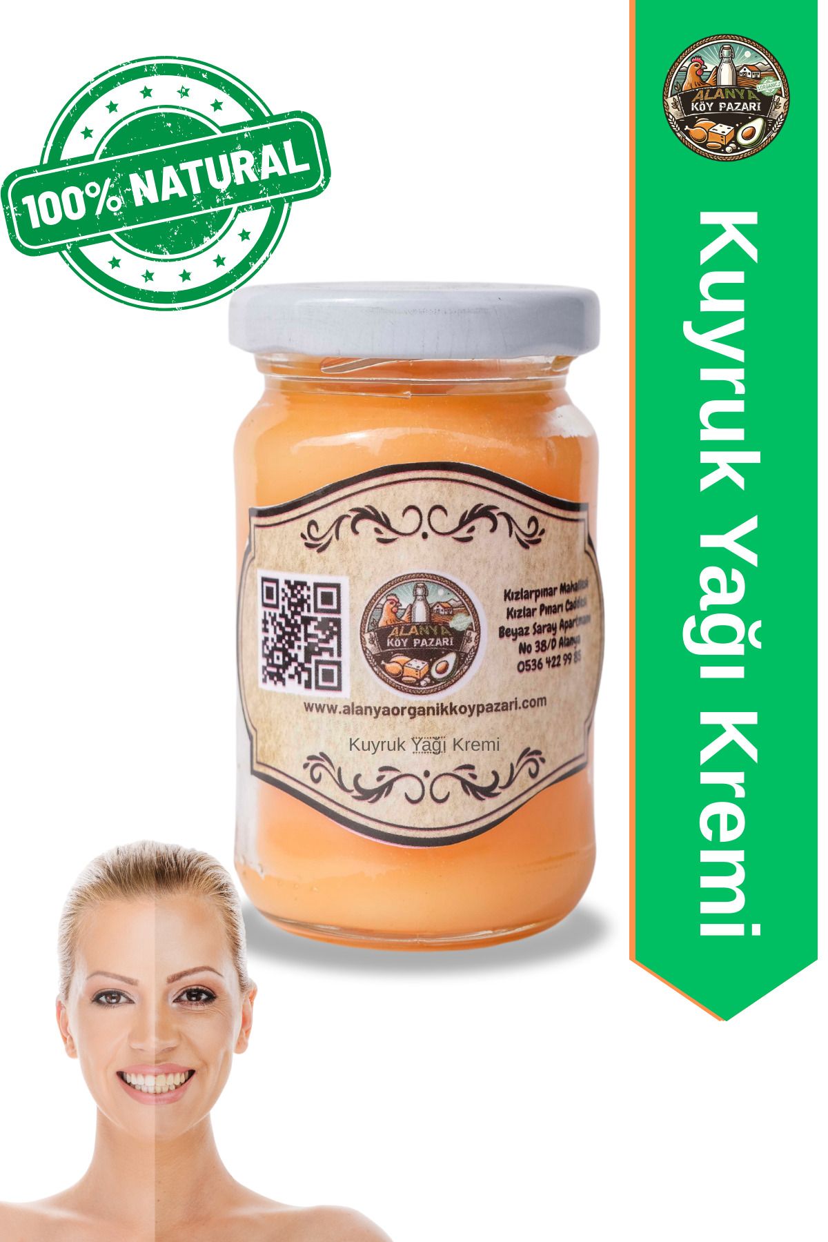 alanya organik köy pazarı %100 Doğal Kuyruk Yağı Kremi 125g  Yaşlanma Karşıtı ve Onarıcı Bakım