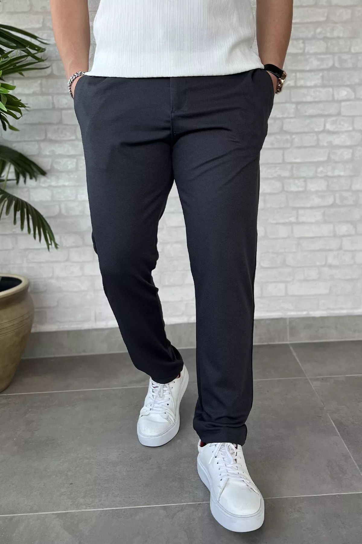 MİSHAR İTALİA Füme Erkek Bel Bağlama Detaylı Pantolon