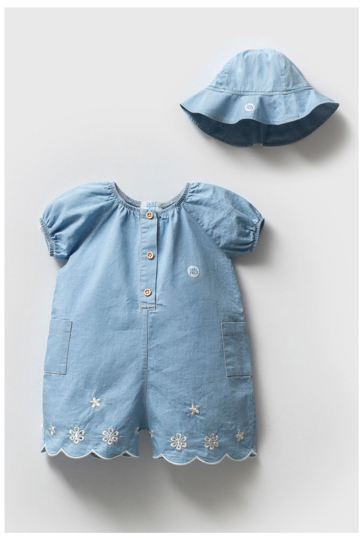 Pure Kids Store %100 Organik Pamuk Kız Bebek Tulum ve Şapka Takımı - Mavi Çiçek Nakışlı Yazlık Romper