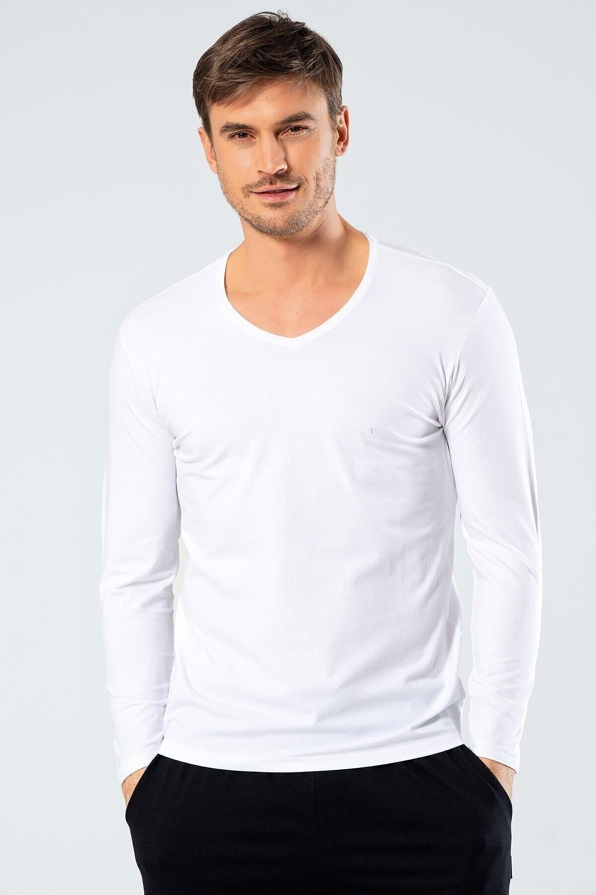Cacharel Erkek V Yaka Uzun Kollu T-shirt %95 Pamuk %5 Elestan