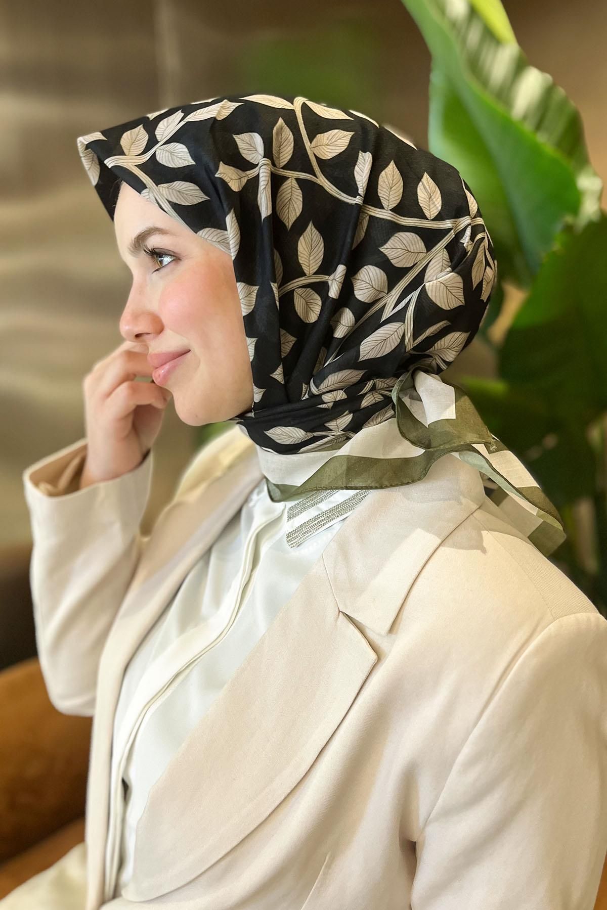 Sultan Eşarp Sultan Fresh Pamuk Eşarp - Yaprak Desen - SFE006-07 - Siyah, Haki