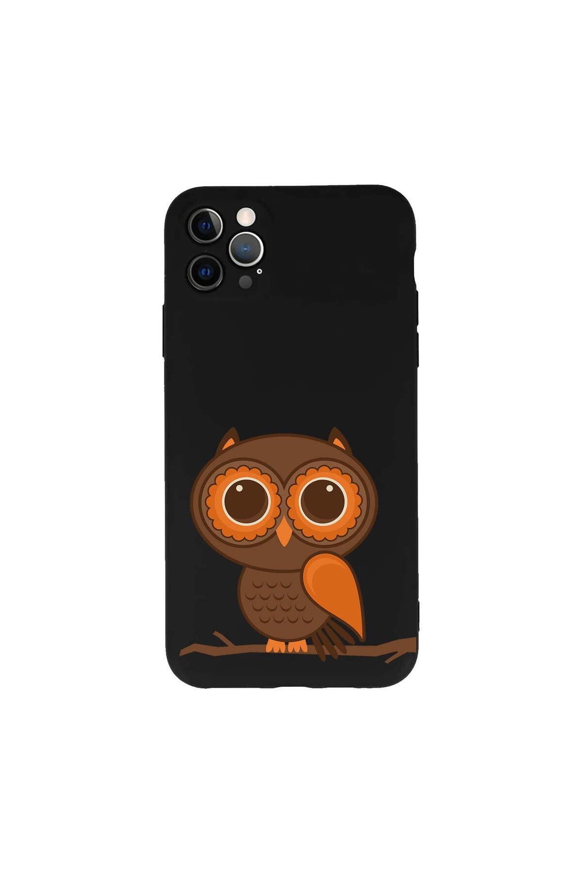 PrintiFy iPhone 12 Pro ile Uyumlu Baykuş (0214a) Tasarımlı Siyah Lansman Silikon Kılıf