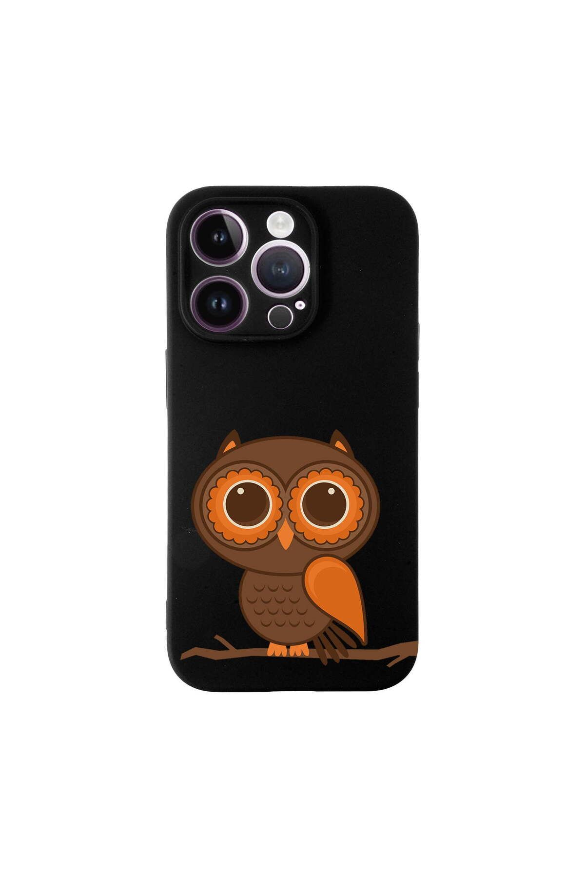 PrintiFy iPhone 15 Pro Max ile Uyumlu Baykuş (0214a) Tasarımlı Siyah Lansman Silikon Kılıf