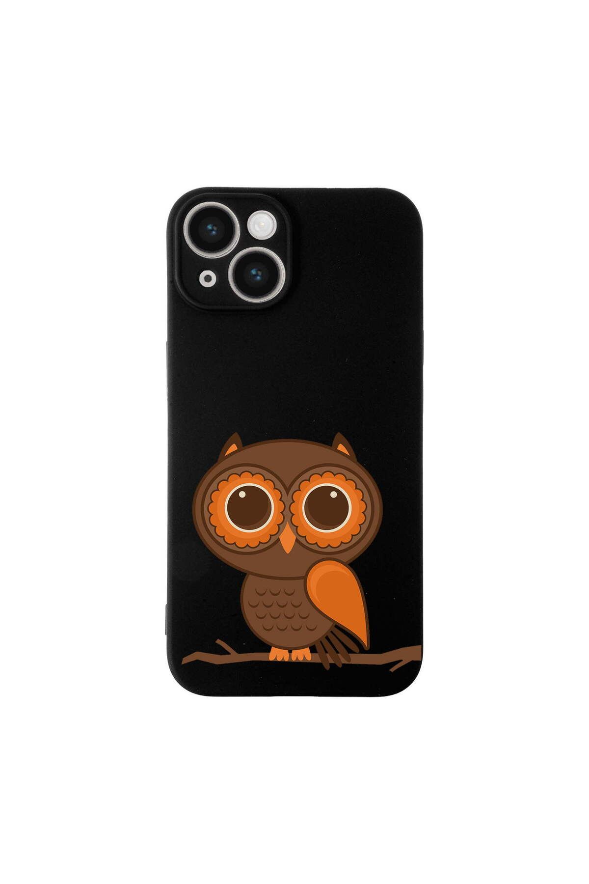 PrintiFy iPhone 14 ile Uyumlu Baykuş (0214a) Tasarımlı Siyah Lansman Silikon Kılıf