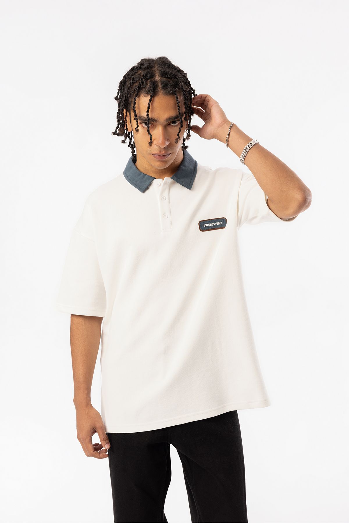 EGHO Göğüs UNFLUID STUDIO Nakışlı Double Pike Kumaş Erkek Polo Yaka Oversize Tişört