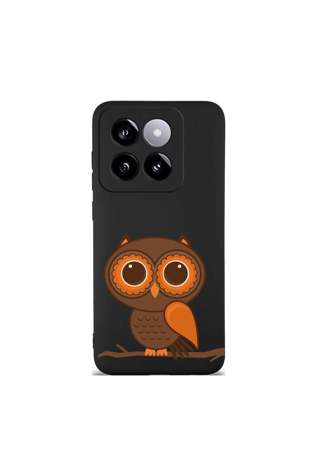 PrintiFy Xiaomi Mi 14 ile Uyumlu Baykuş (0214a) Tasarımlı Siyah Lansman Silikon Kılıf