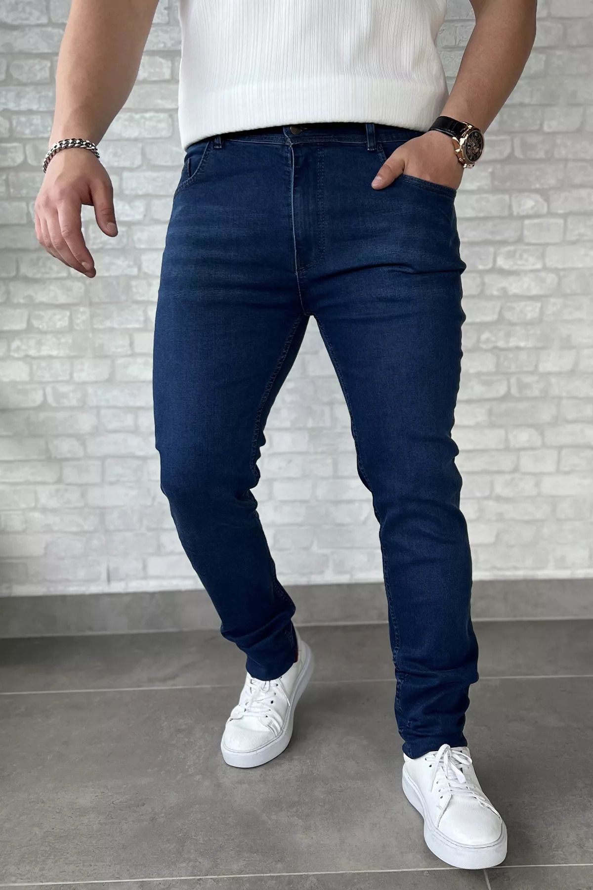 MİSHAR İTALİA Lacivert Erkek Fermuarlı Likralı Jean Kot Pantolon