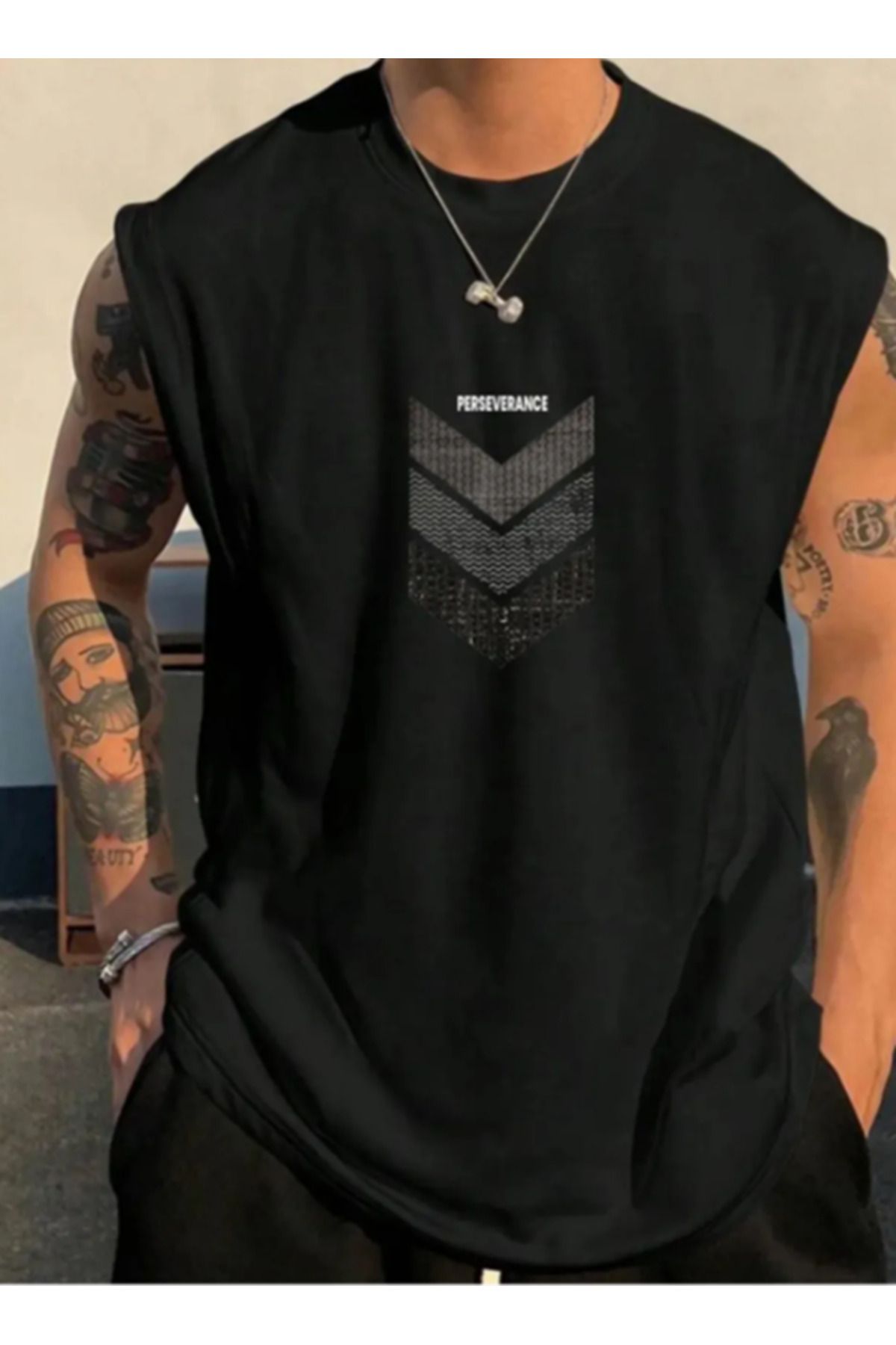 Derays Performans Baskılı Rahat Kalıp Bisiklet Yaka Pamuklu Antrenman Sporcu Atleti Oversize Kolsuz T-Shirt