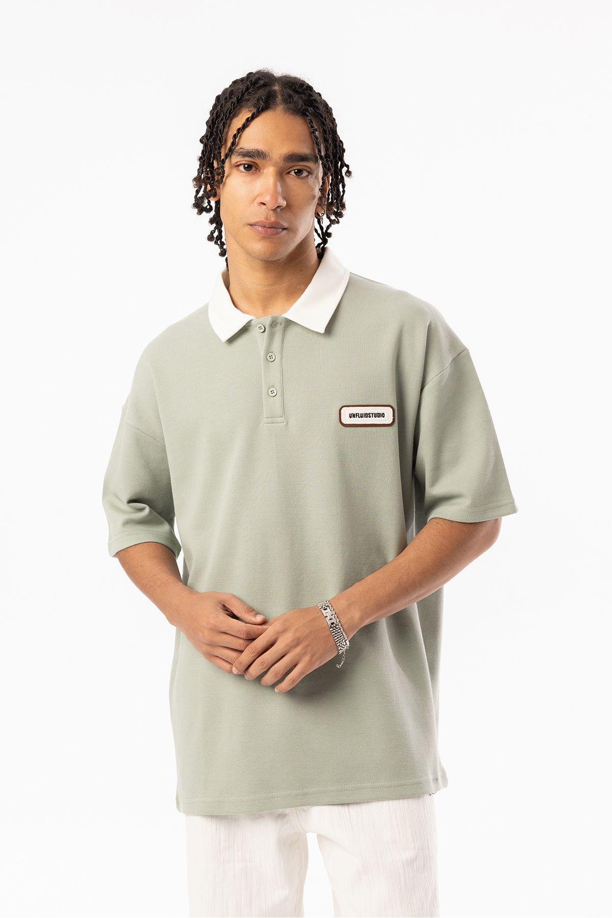 EGHO Göğüs UNFLUID STUDIO Nakışlı Double Pike Kumaş Erkek Polo Yaka Oversize Tişört