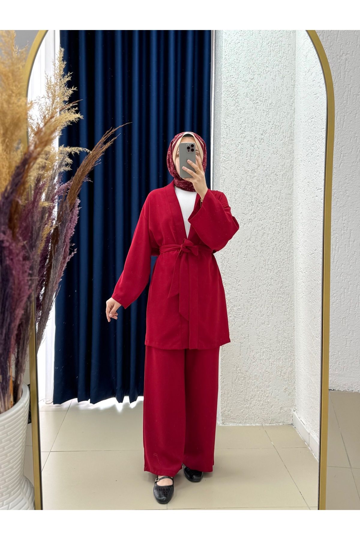 Ebrar Store Zenoria Kuşaklı Ceketli Salaş Pantolonlu Takım-NL434 Kırmızı