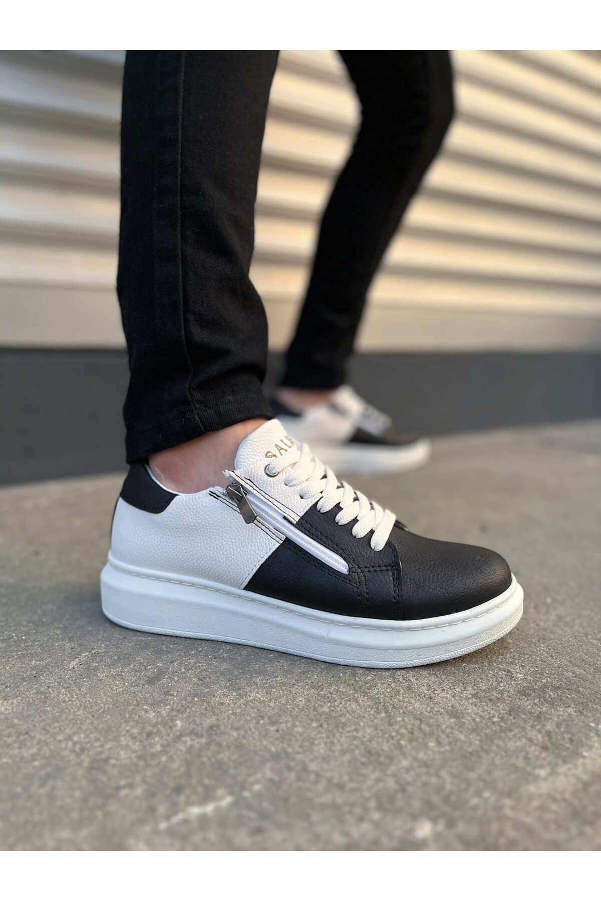 Zerenyus JY155 Warrior Bağcıklı ve Fermuarlı Erkek Günlük Casual Sneaker Ayakkabı - Beyaz Siyah