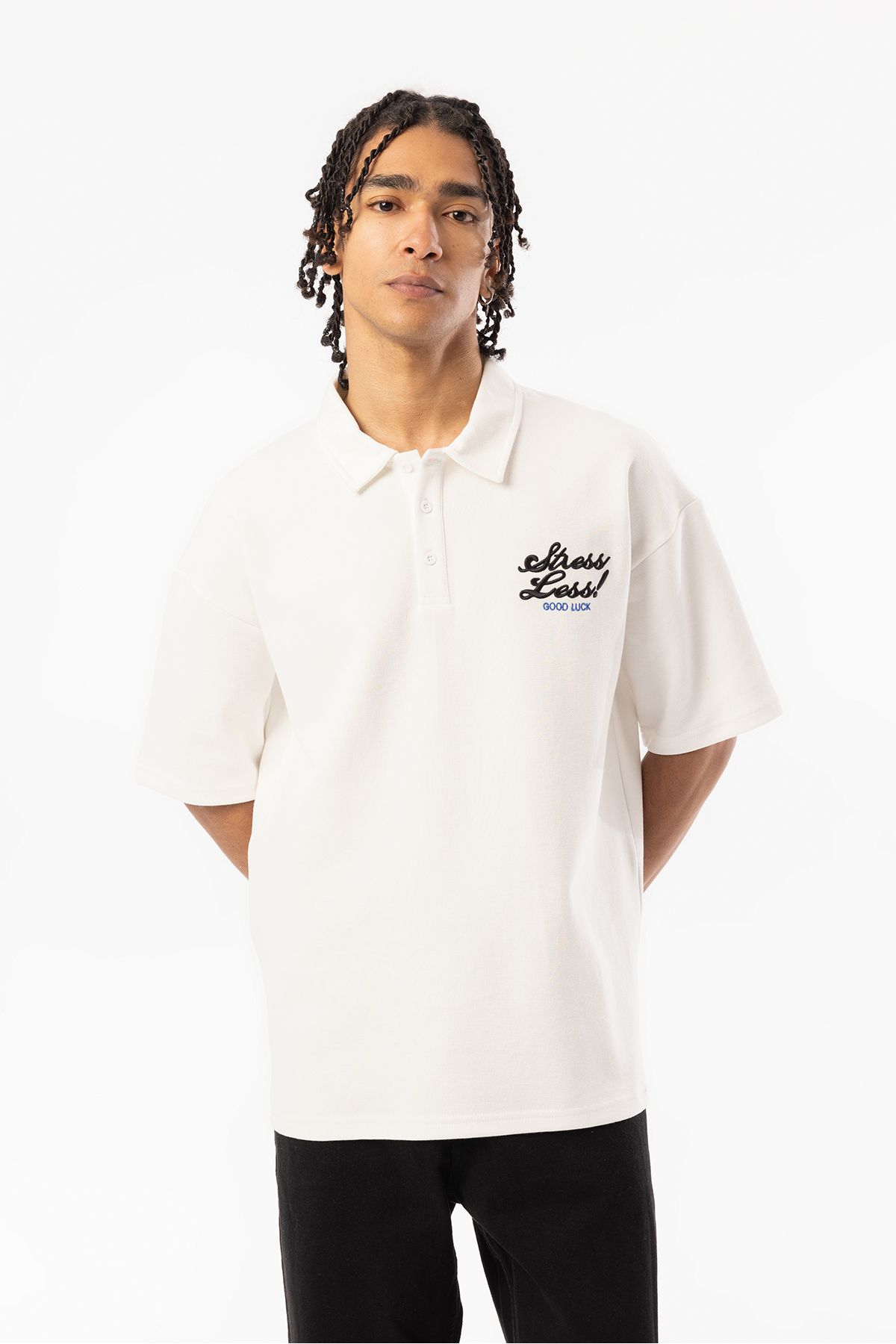EGHO Göğüs Stress Less! GOOD LUCK Nakışlı Double Pike Kumaş Erkek Polo Yaka Oversize Tişört
