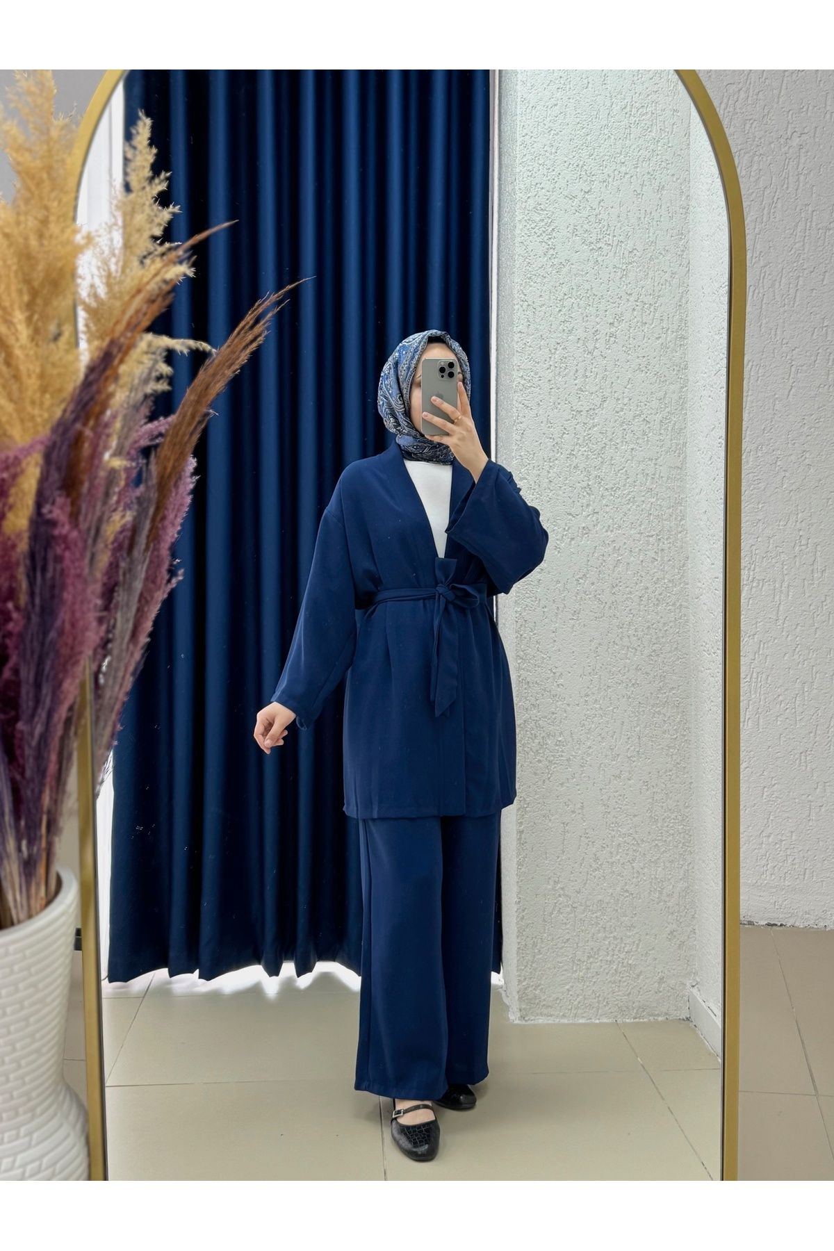 Ebrar Store Zenoria Kuşaklı Ceketli Salaş Pantolonlu Takım-NL434 Lacivert