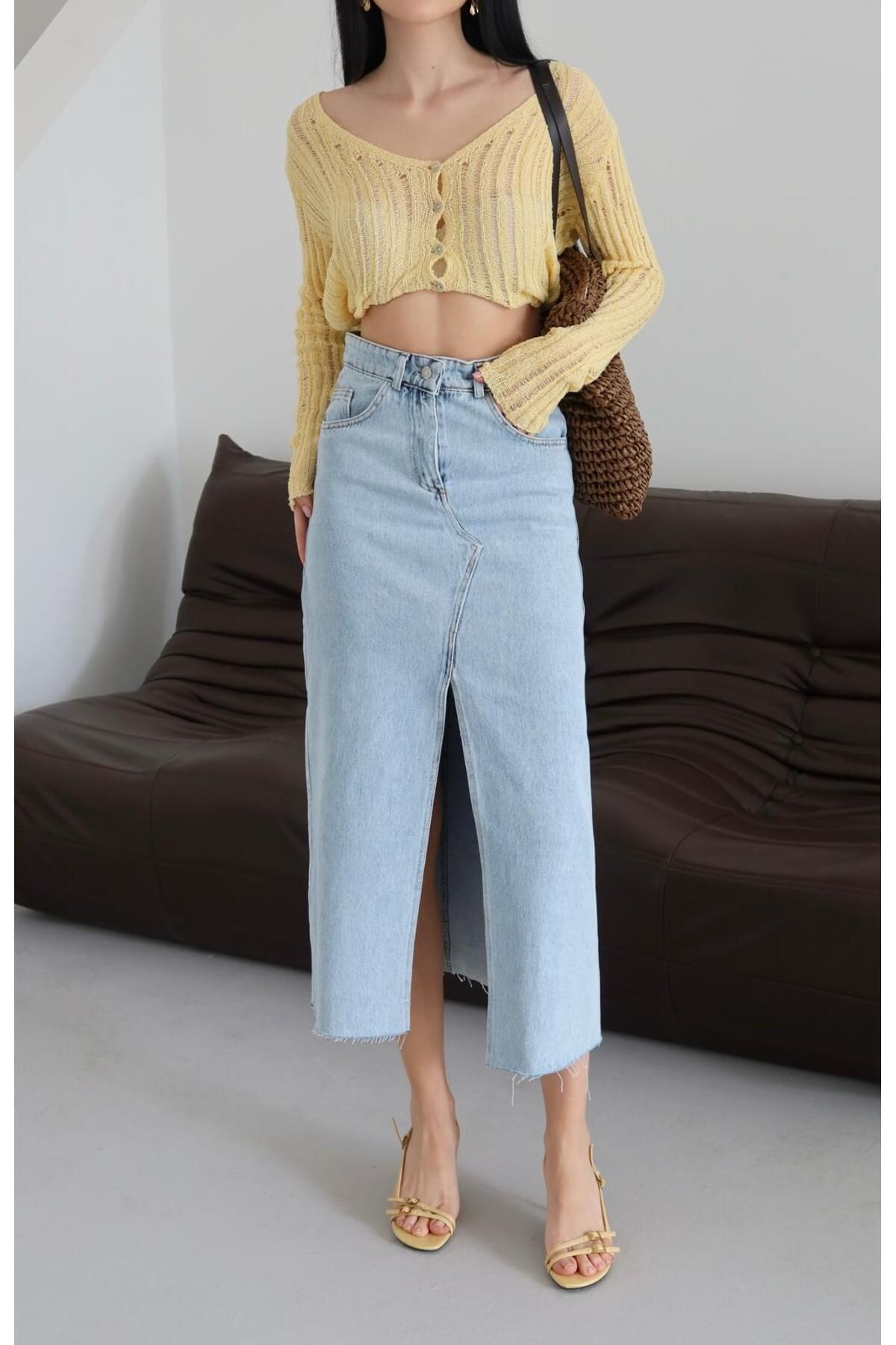 Ekim Store Yırtmaçlı Uzun Denim Etek