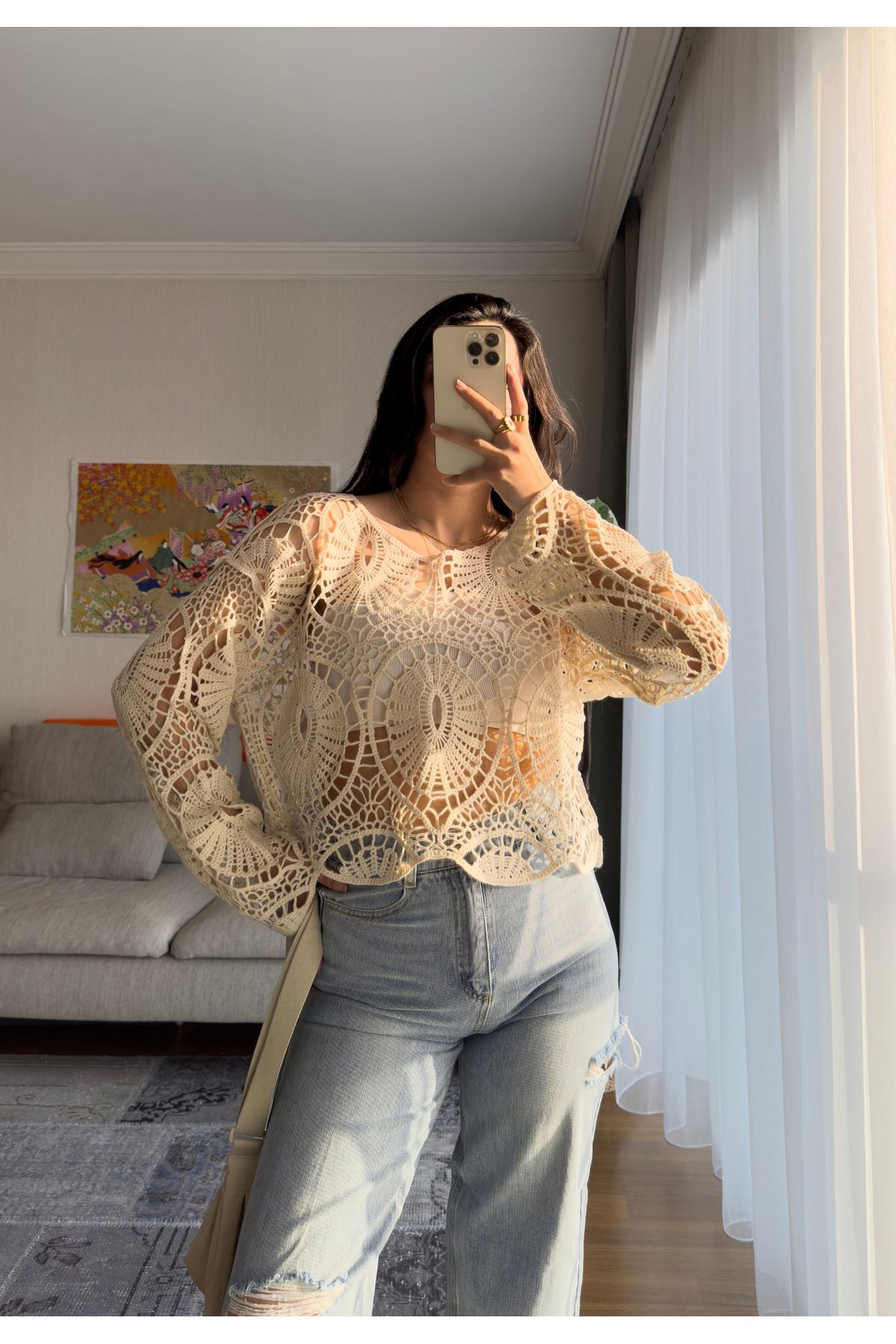 miyuko Kadın Geniş Motifli Transparan Örme Dantel Bluz – Uzun Kollu, Bohem Şık, Yazlık Hafif Tasarım