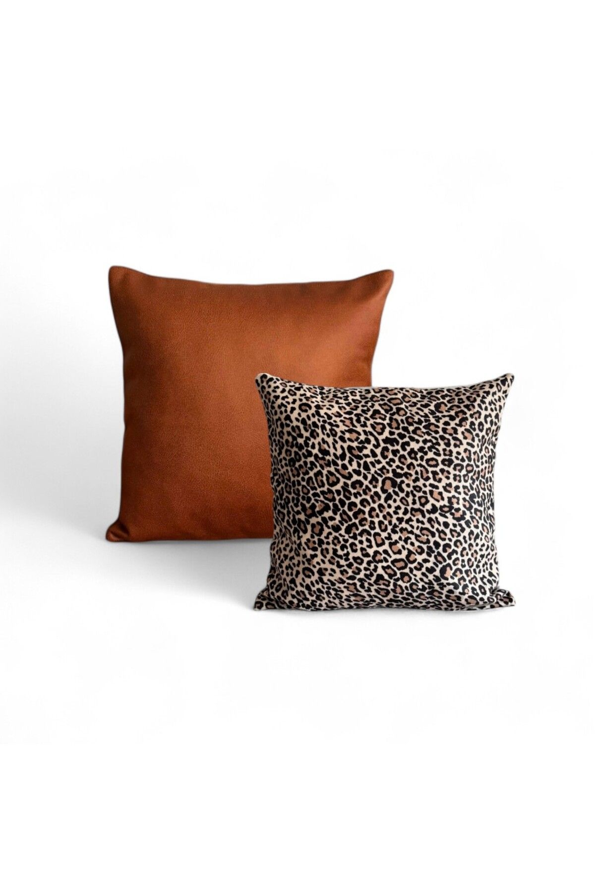 Doryan Home Flat&Leopar - Suni Nubuk Deri Süet Kare Kırlent Kılıf - 2'li Kombin Set - 50x50 45x45 Kiremit Bej