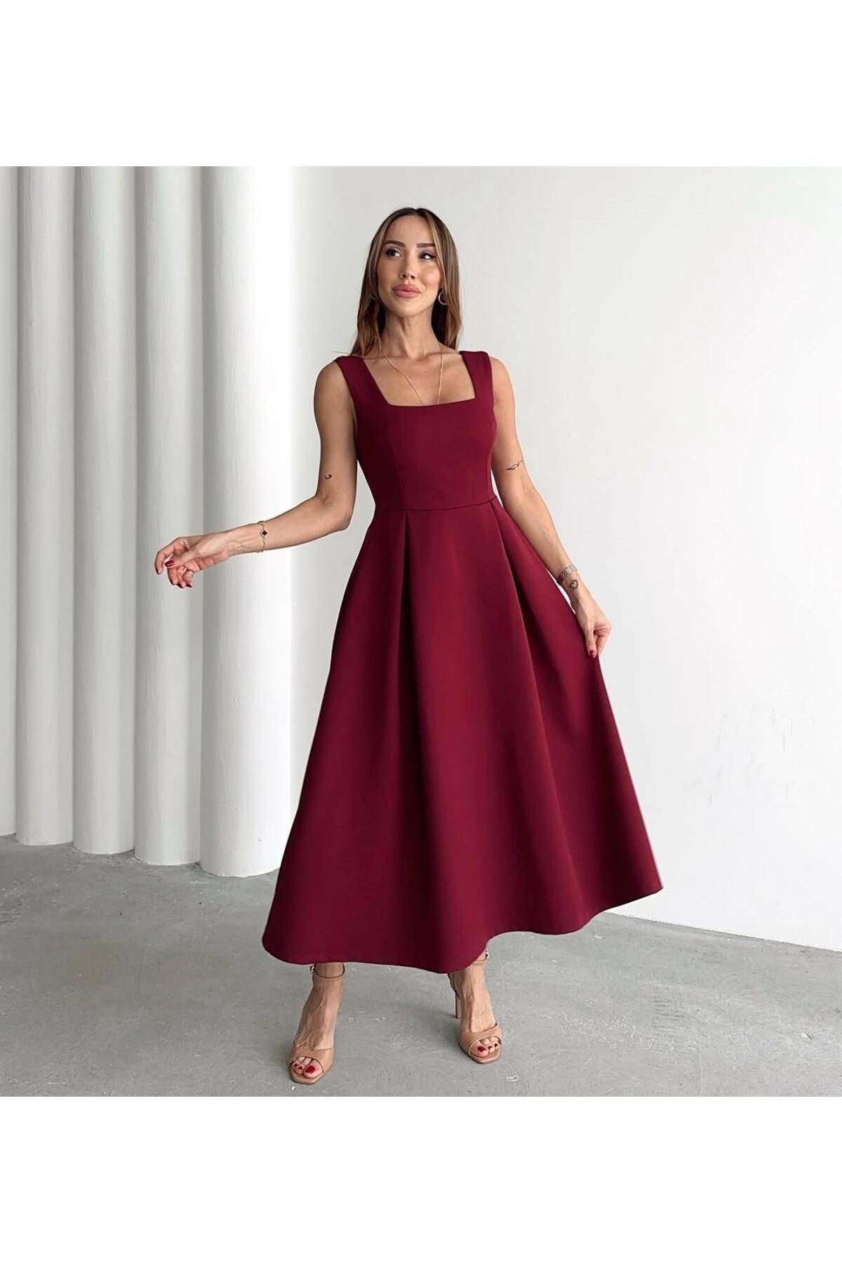 Zem KADIN KALIN ASKILI PİLELİ ELBİSE BORDO