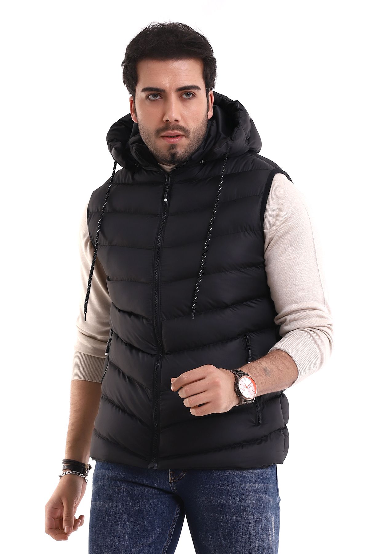 B.HE.Z Erkek Jel Dolgu Çapraz Model Fermuarlı Kapşon İç Cepli Şişme Yelek