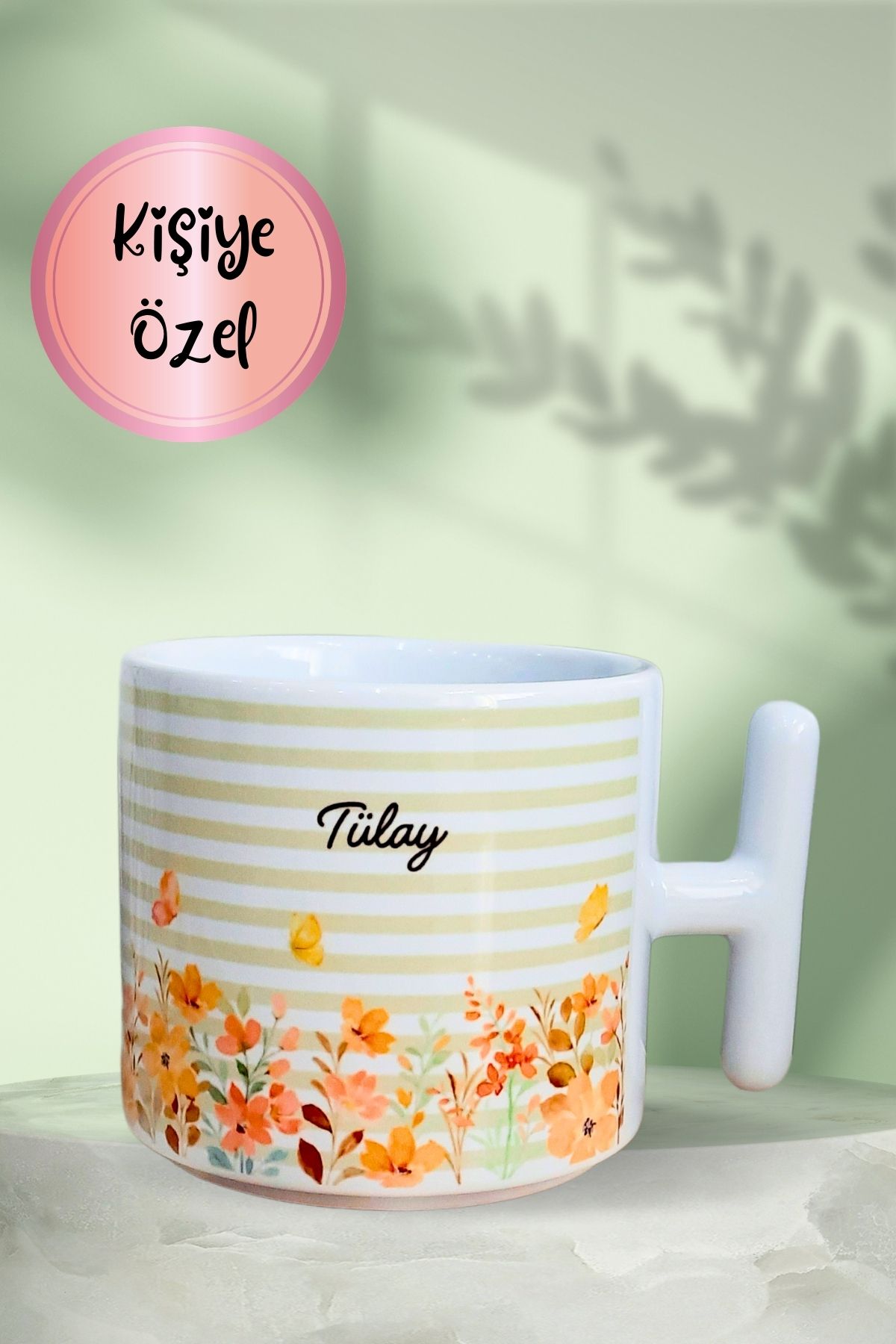 Burak Baskı Tasarım Kişiye Özel Yeşil Çizgili ve Çiçekli Anneler Günü-Doğum Sevgililer T-Kulp Hediye Kupa Bardak, Mug