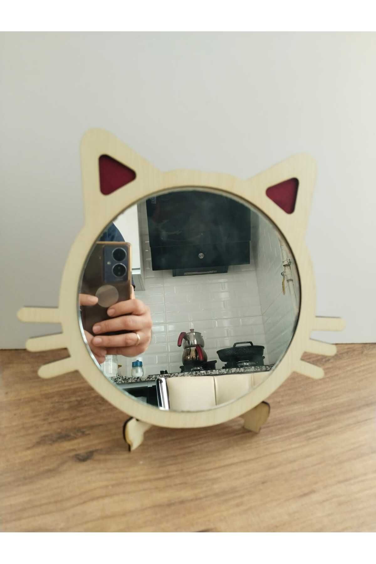KaleTreeWood Ahşap Kedi Figürlü Ayna | Duvara Asılabilir & Masaüstü Kullanıma uygundur