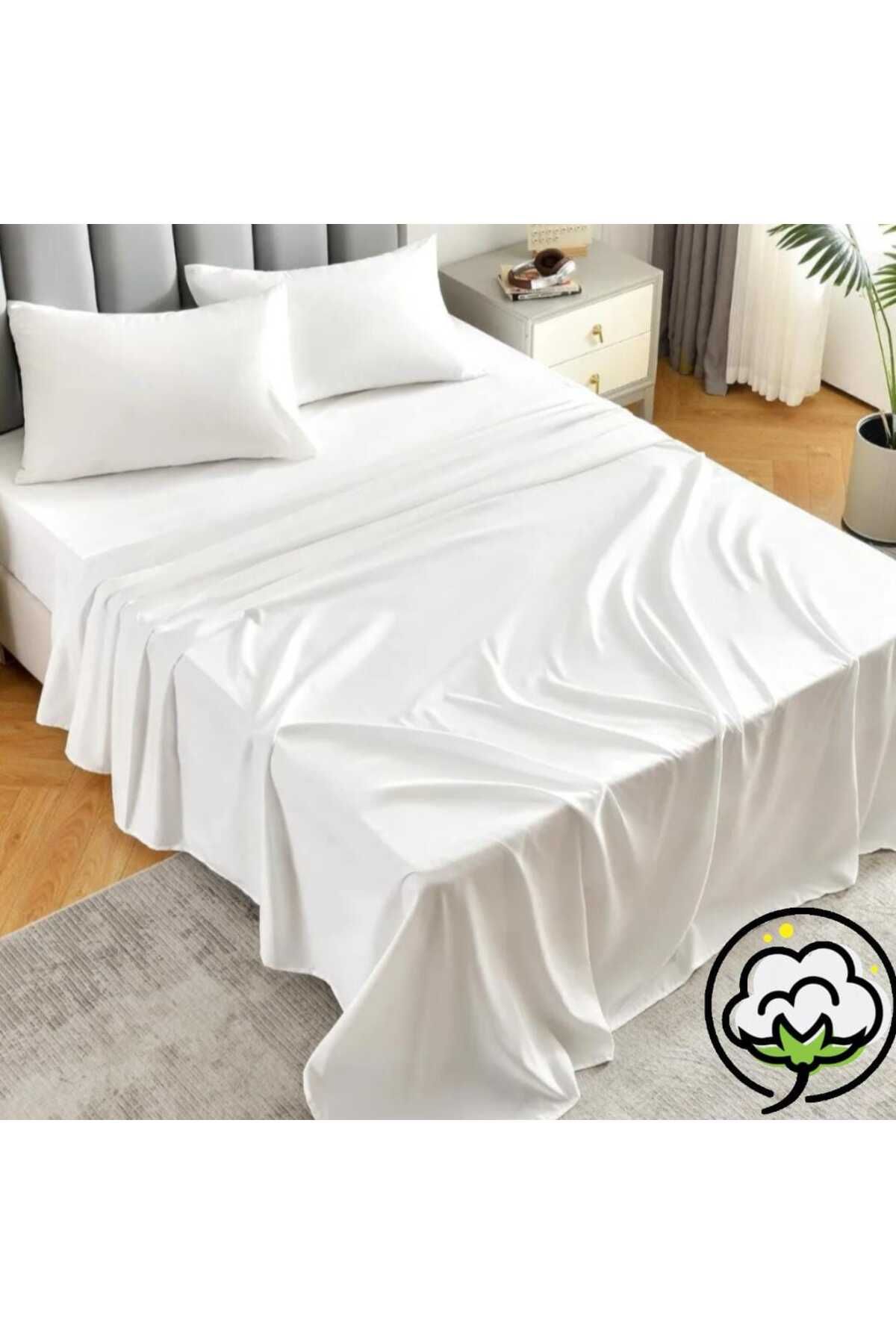 vippazar Beyaz çift kişilik lastiksiz çarşaf %100 pamuklu ve 2 yastık kılıfı 50*70 ebat