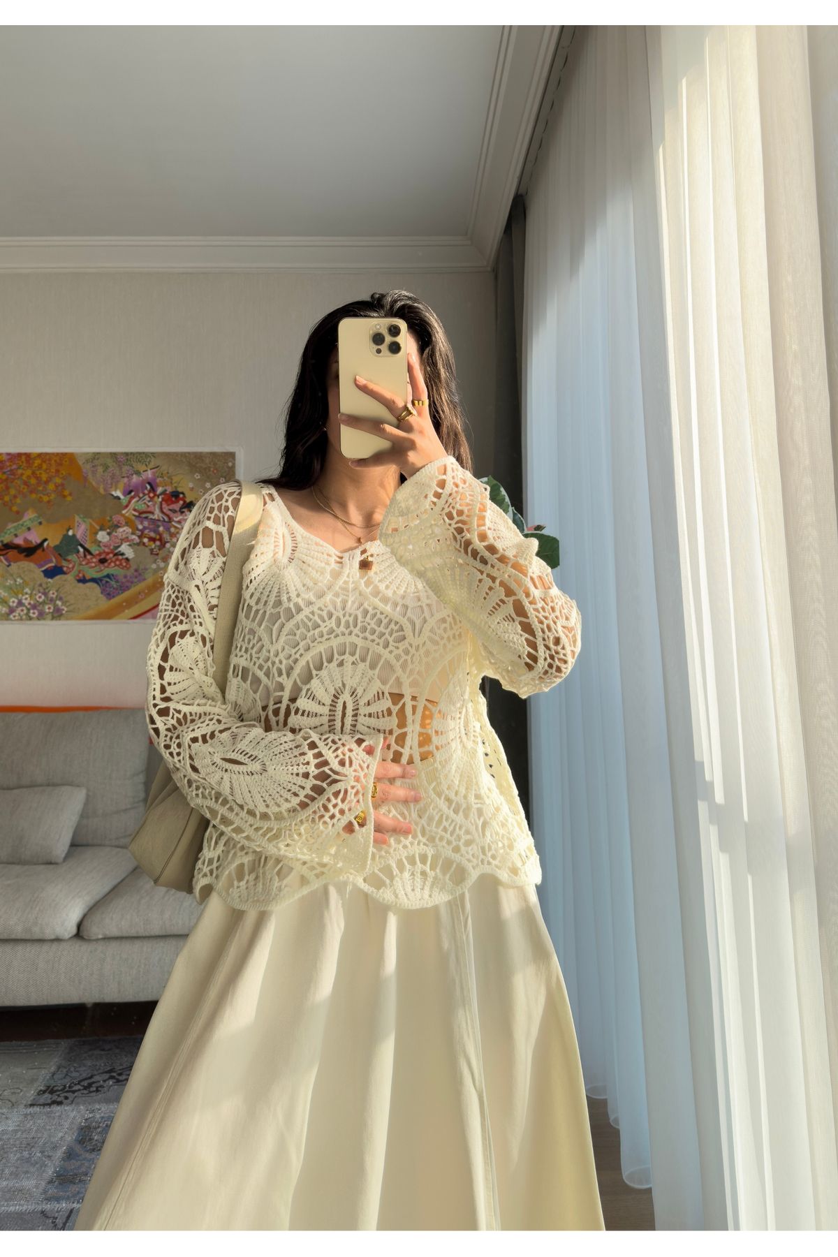 miyuko Kadın Geniş Motifli Transparan Örme Dantel Bluz – Uzun Kollu, Bohem Şık, Yazlık Hafif Tasarım