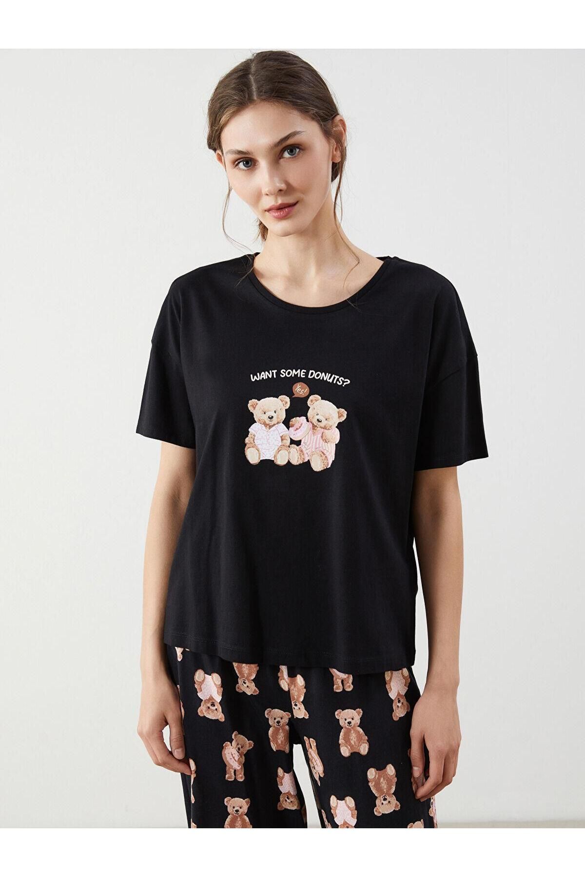 LC Waikiki LCW Young Bisiklet Yaka Ayı Teddy Baskılı Kadın Kaprili Pijama Takımı (S5)