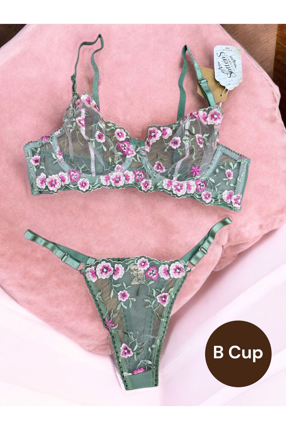SATTENS Çiçek desenli lüks Dantelli Brodeli Sexy Bralet takım ( sütyen ve tanga) balenli iç çamaşır takımı