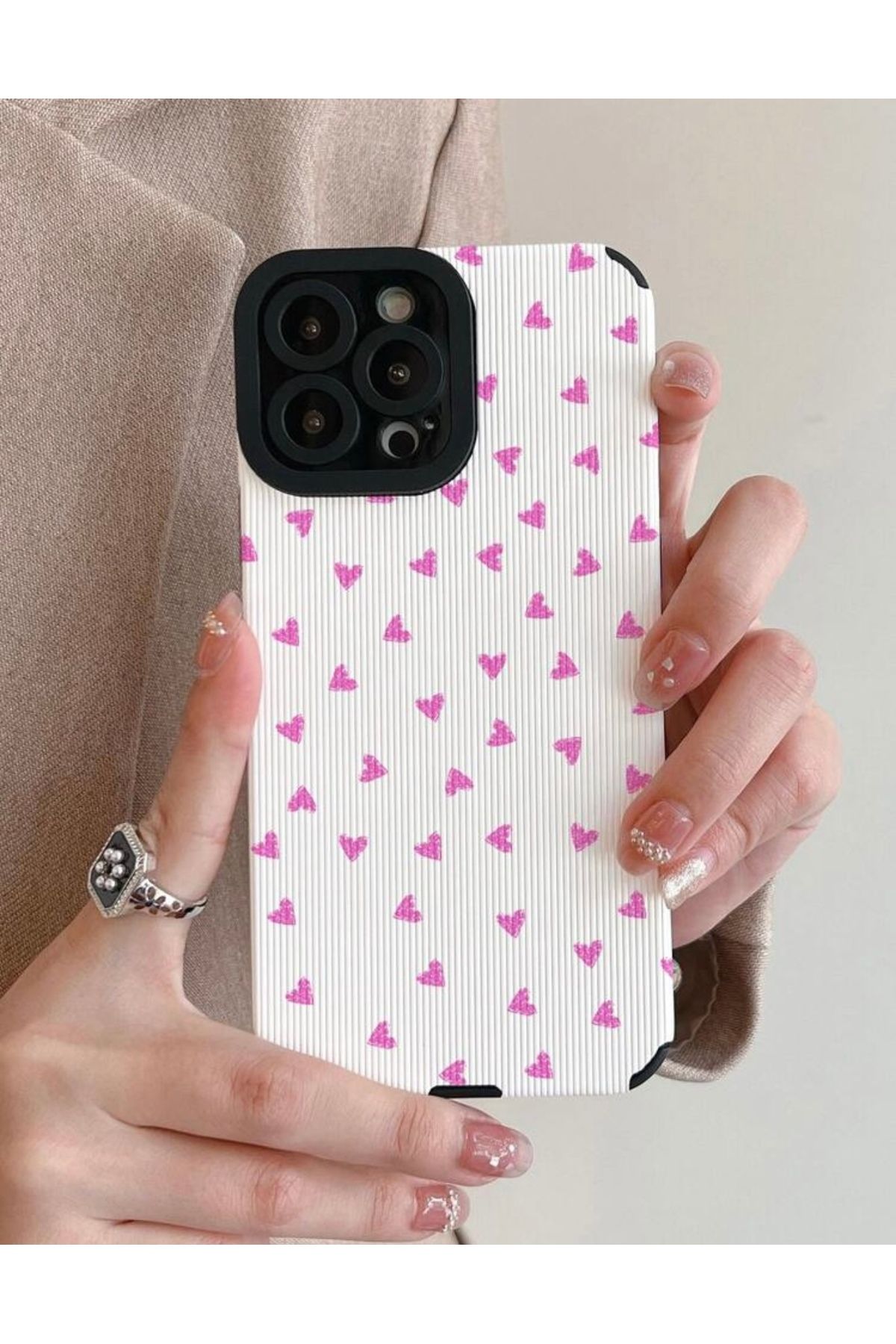 MirazTasarim IPHONE 14 PRO PEMBE KALP DESENLİ KILIF