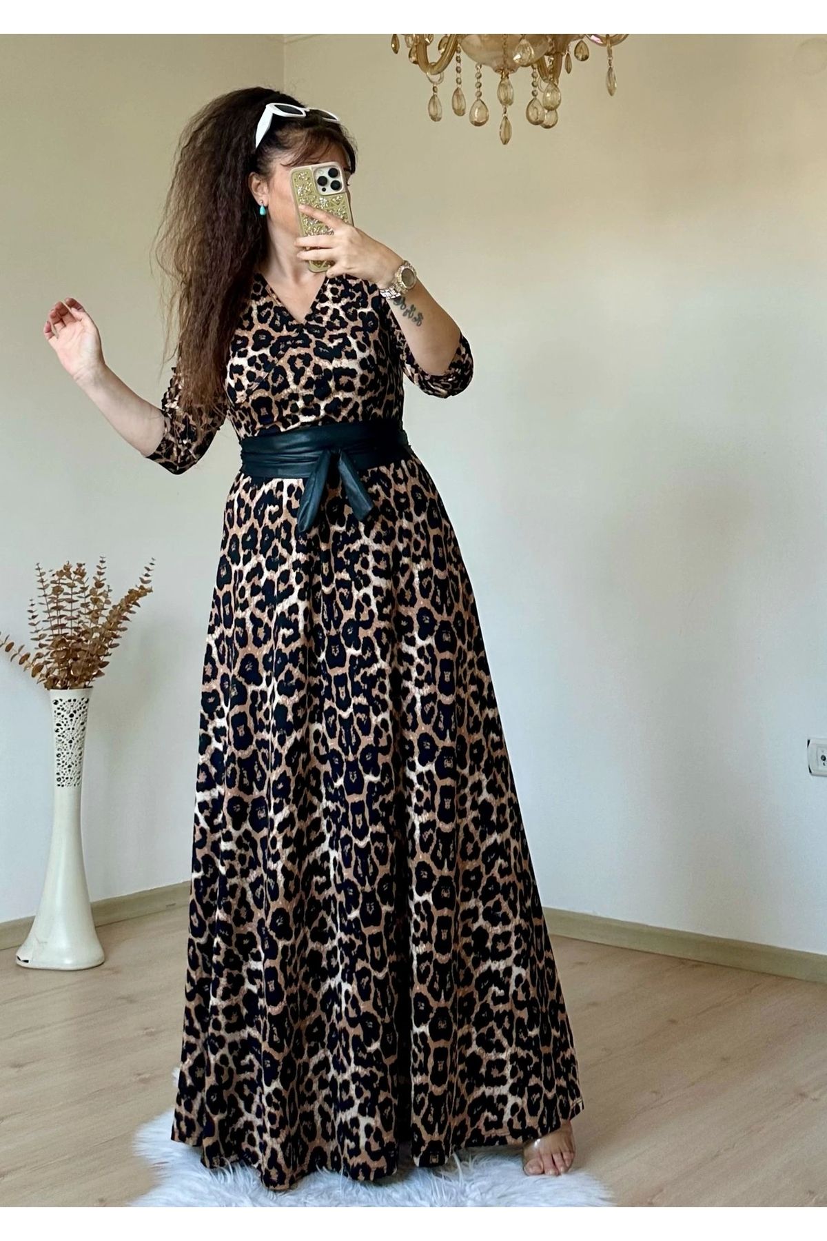 azra moda Tam Boy Kahve Leopar Elbise