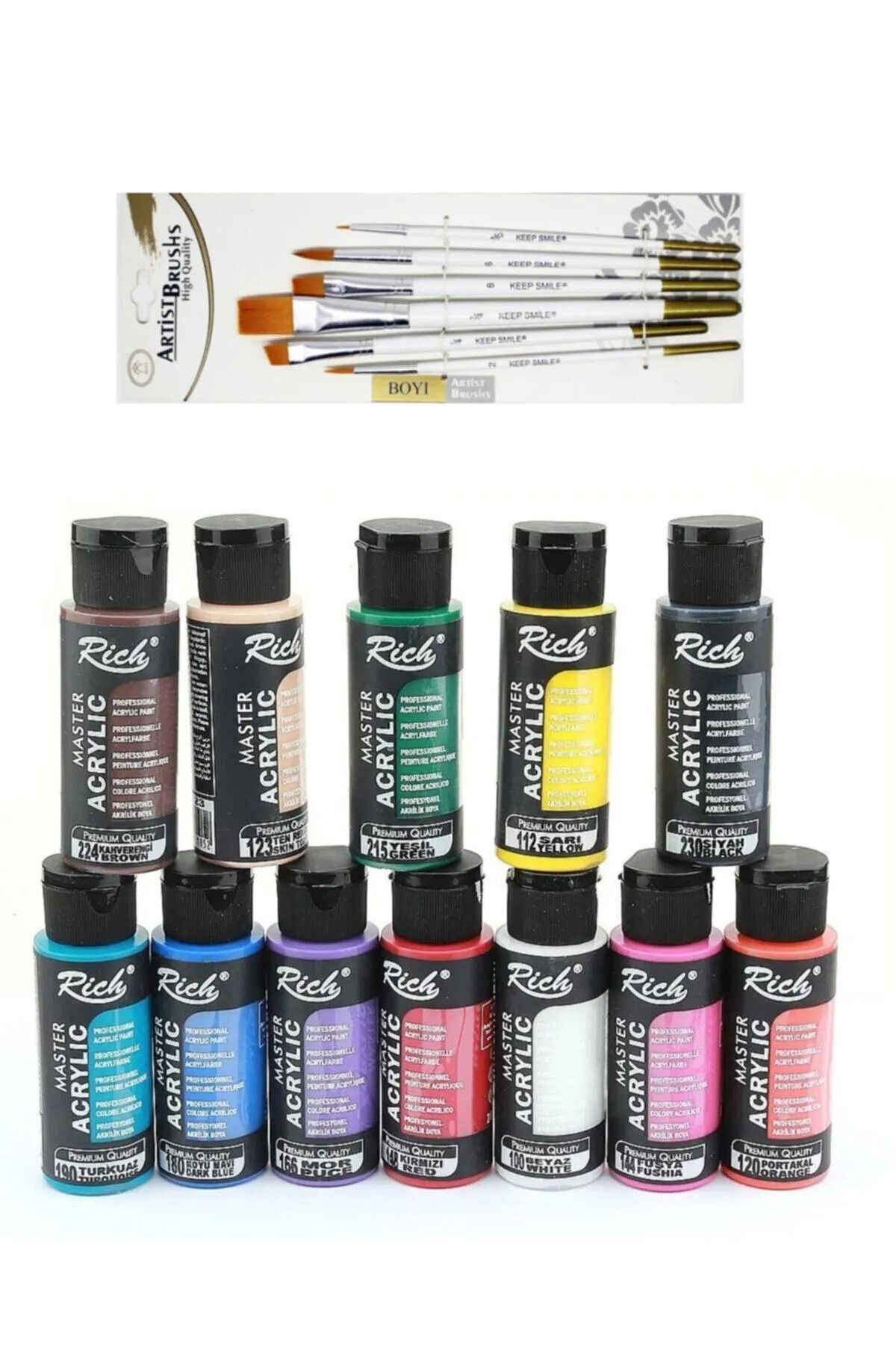 everart Mastermix Akrilik Boya Seti 12 Renk 60 Cc + Keep Smile Karışık Fırça Seti 6'lı