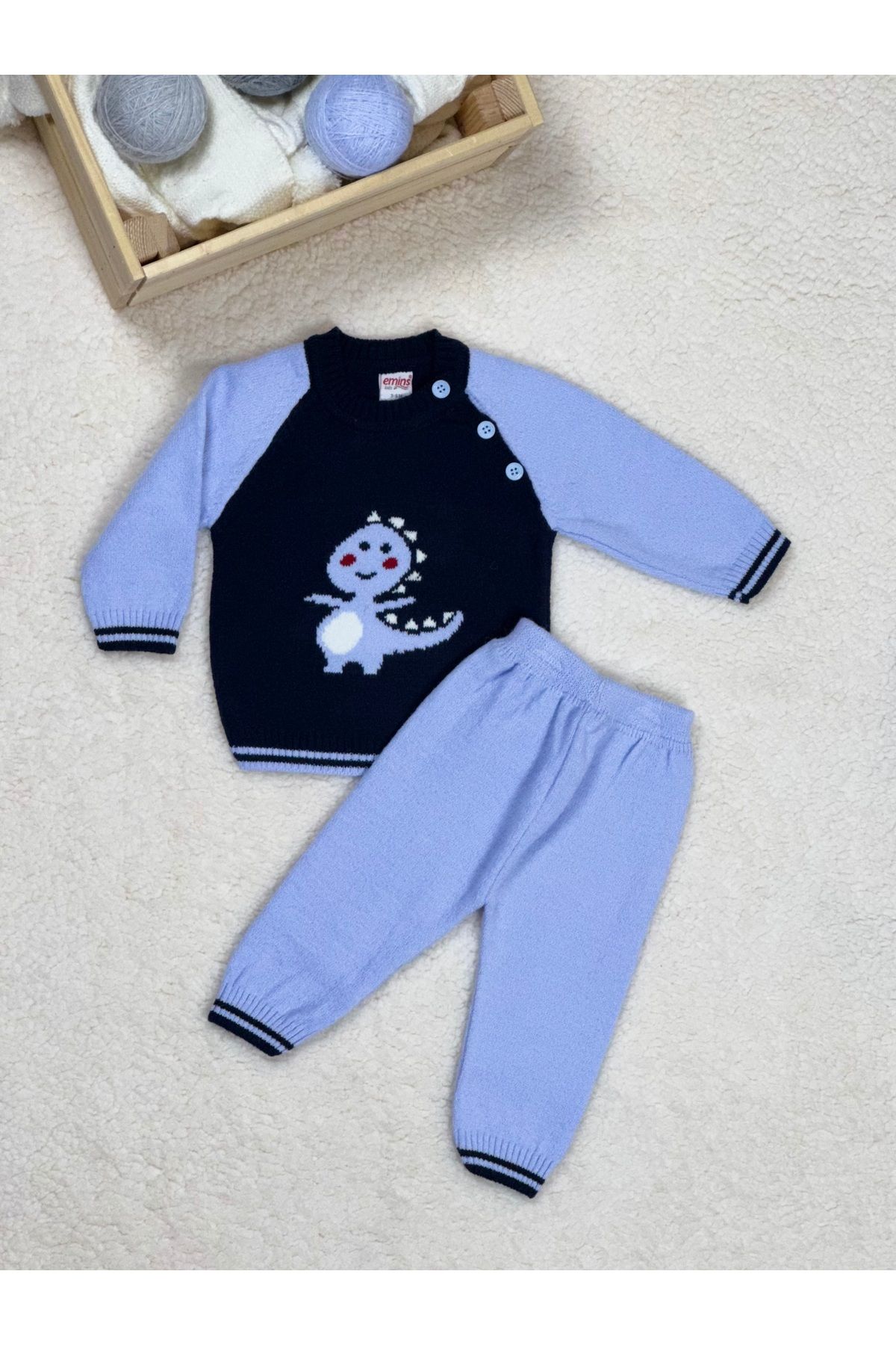 E&S EMİN'S emine Erkek Bebek Sevimli Dinozor Örme Desenli Reglan Kollu Renk Bloklu Triko Alt-Üst Takım