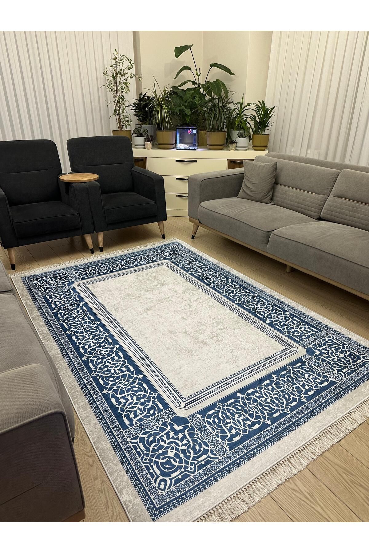 NEU HAUS Makinede Yıkanabilir Mavi Halı Kaymaz Taban Salon ve Oturma odası Halısı Dijital Baskı İnce Halı