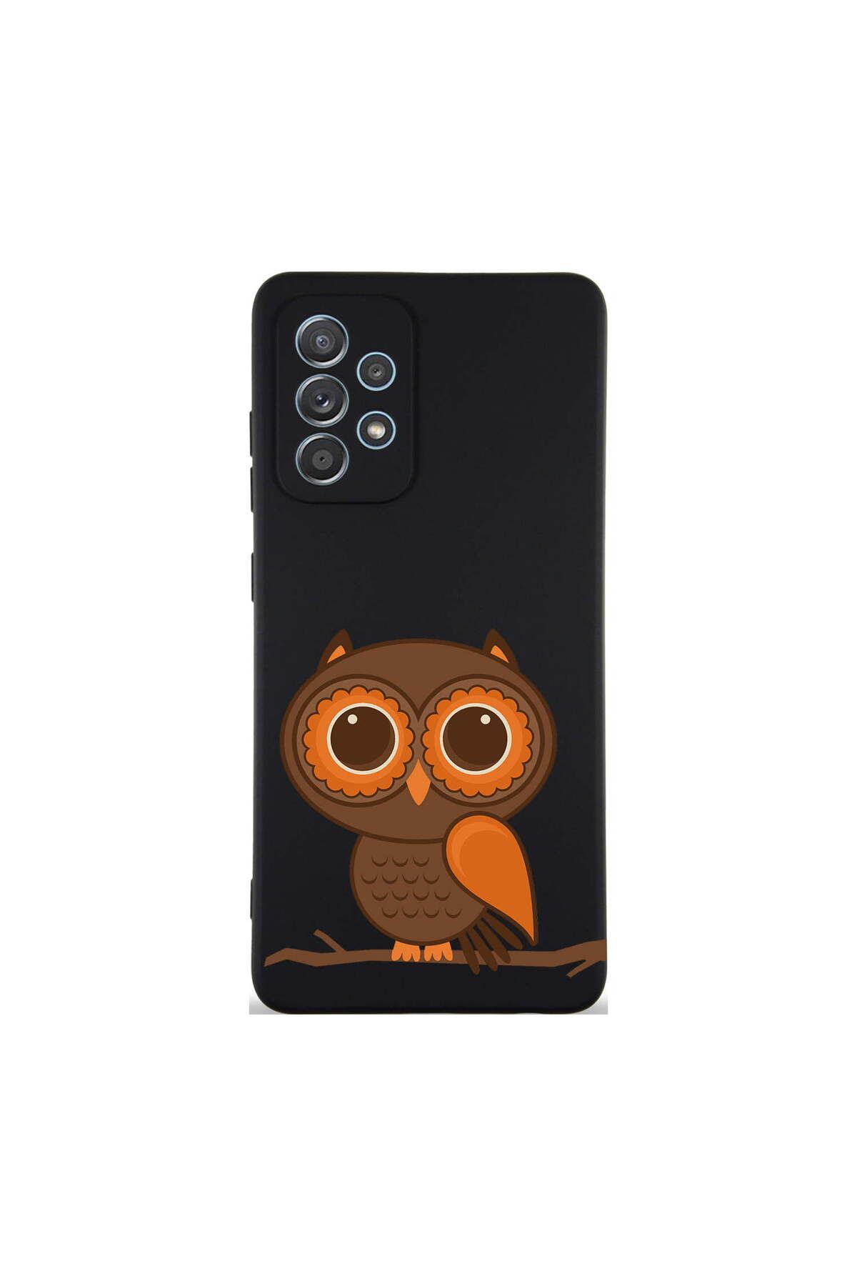 PrintiFy Samsung Galaxy A72 ile Uyumlu Baykuş (0214a) Tasarımlı Siyah Lansman Silikon Kılıf