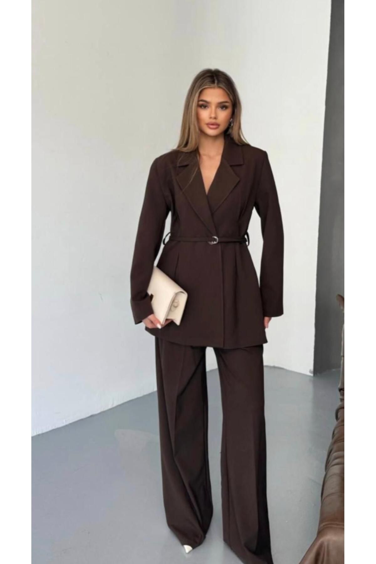 Zem KADIN BEL KEMERLİ BLAZER CEKET PANTOLON TAKIM KAHVERENGİ