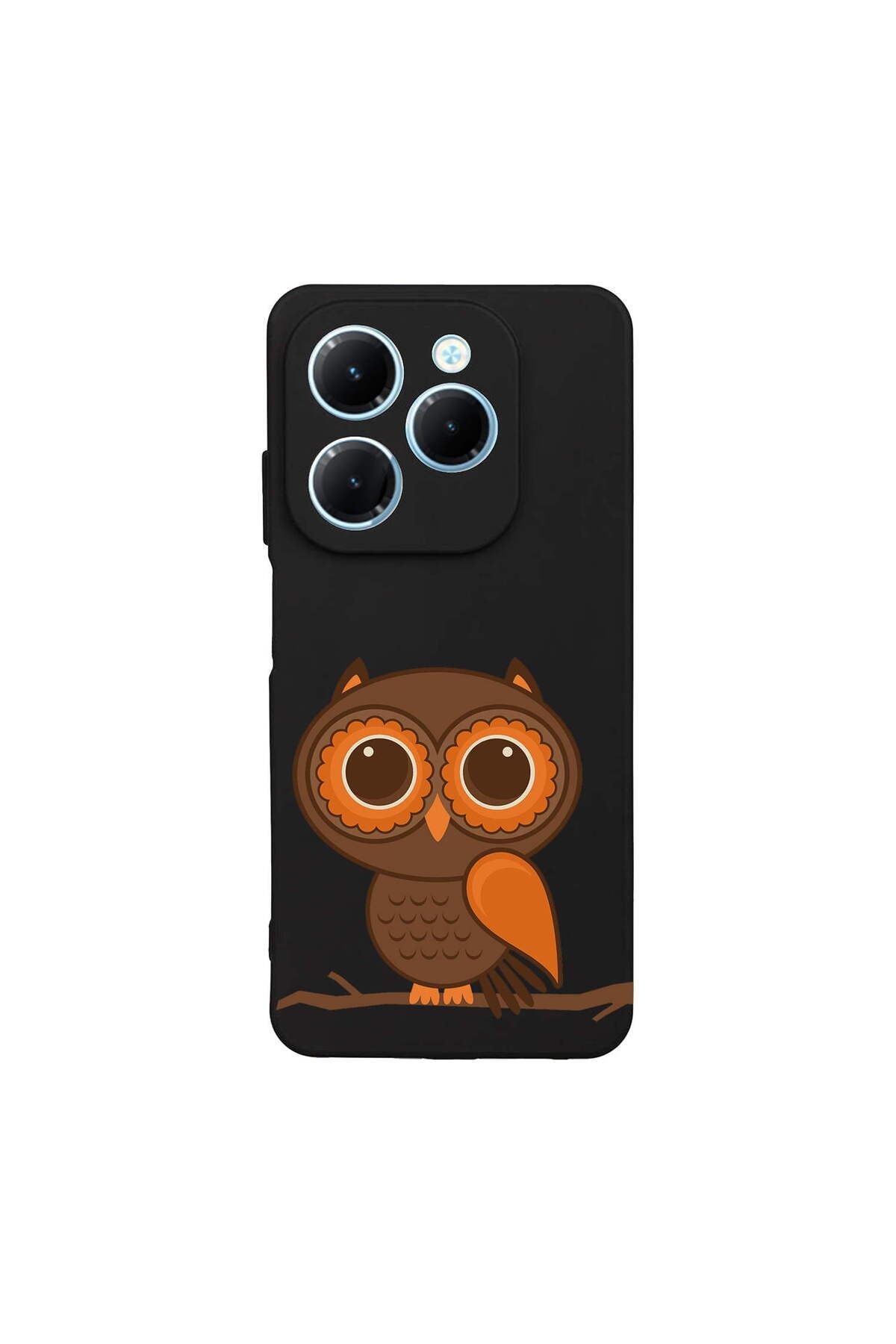 PrintiFy Infinix Hot 40 ile Uyumlu Baykuş (0214a) Tasarımlı Siyah Lansman Silikon Kılıf