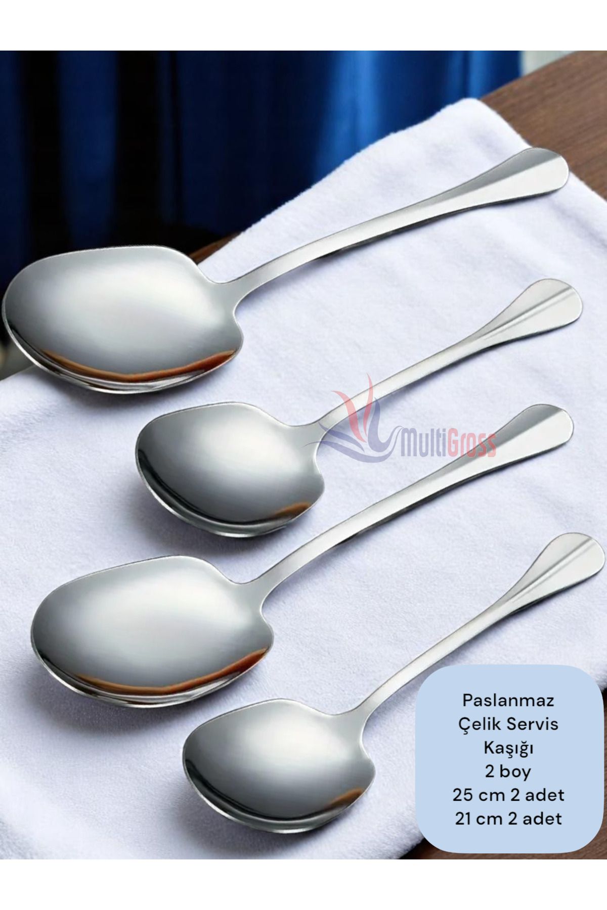 Multiamo Çelik 25 cm 2 Adet 21 cm 2 Adet Büyük Küçük Boy Servis Kaşığı / Sunum Kaşığı