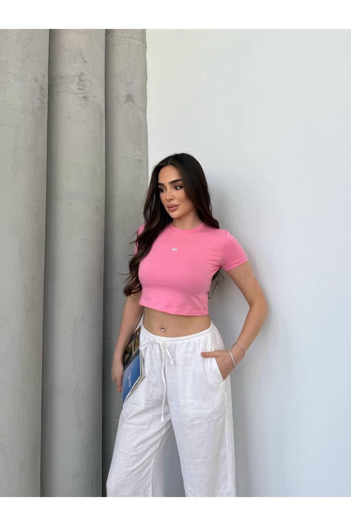 ModaGem Kadın Pembe Bisiklet Yaka Likralı Kısa Kol Crop