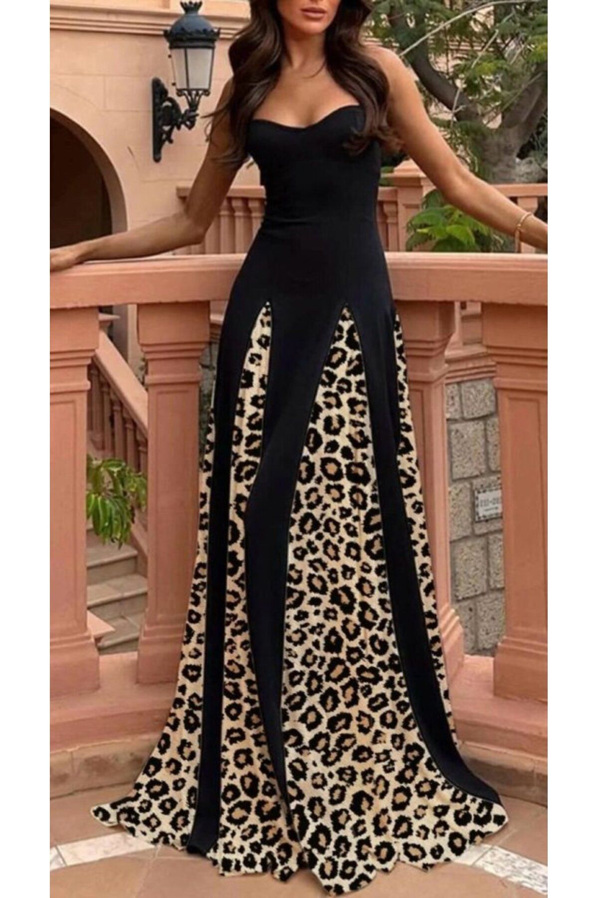 jupiter global bazaar Kadın Dalgıç Kumaş Leopar Desenli Kloş Elbise